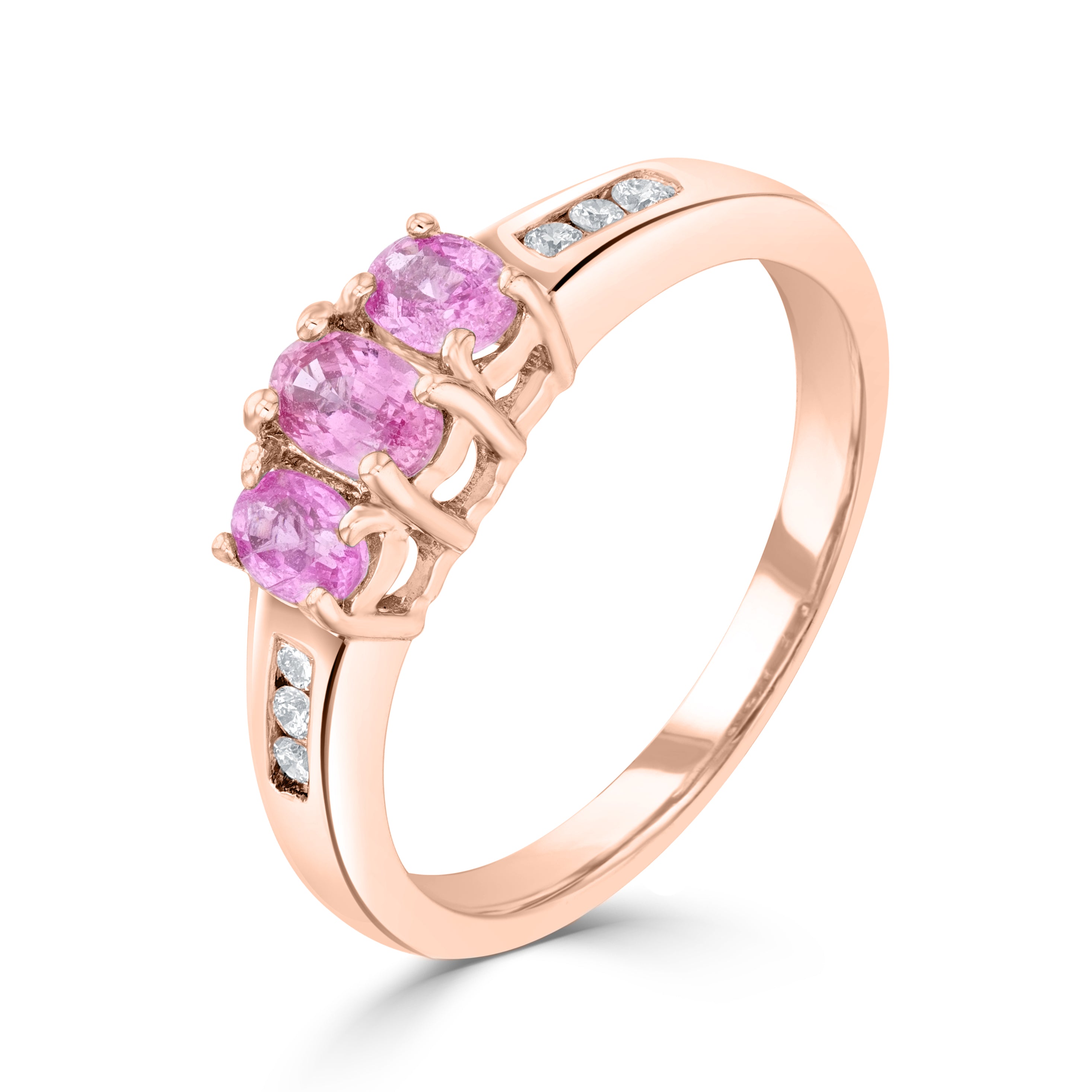 9CT WG OVAL PINK SAPPHIRE 3ST RING WITH CHANNEL SET DIAMOND SHOULDERS 1