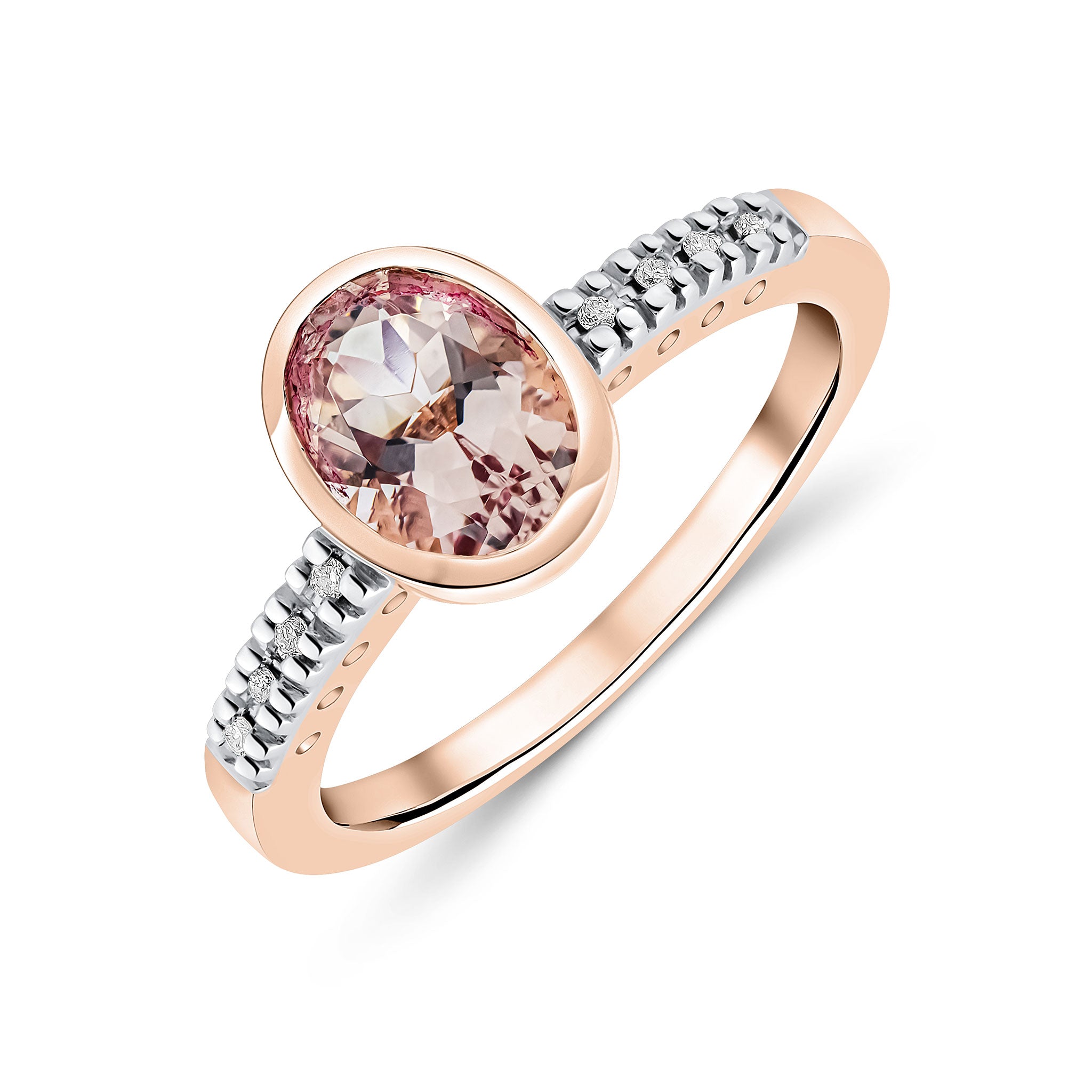 9CT RG RUBOVER 8X6 OVAL MORGANITE SINGLE STONE RING WITH CLAW SET DIAMOND SHOULDERS. RHODIUM TO DIAMONDS 1