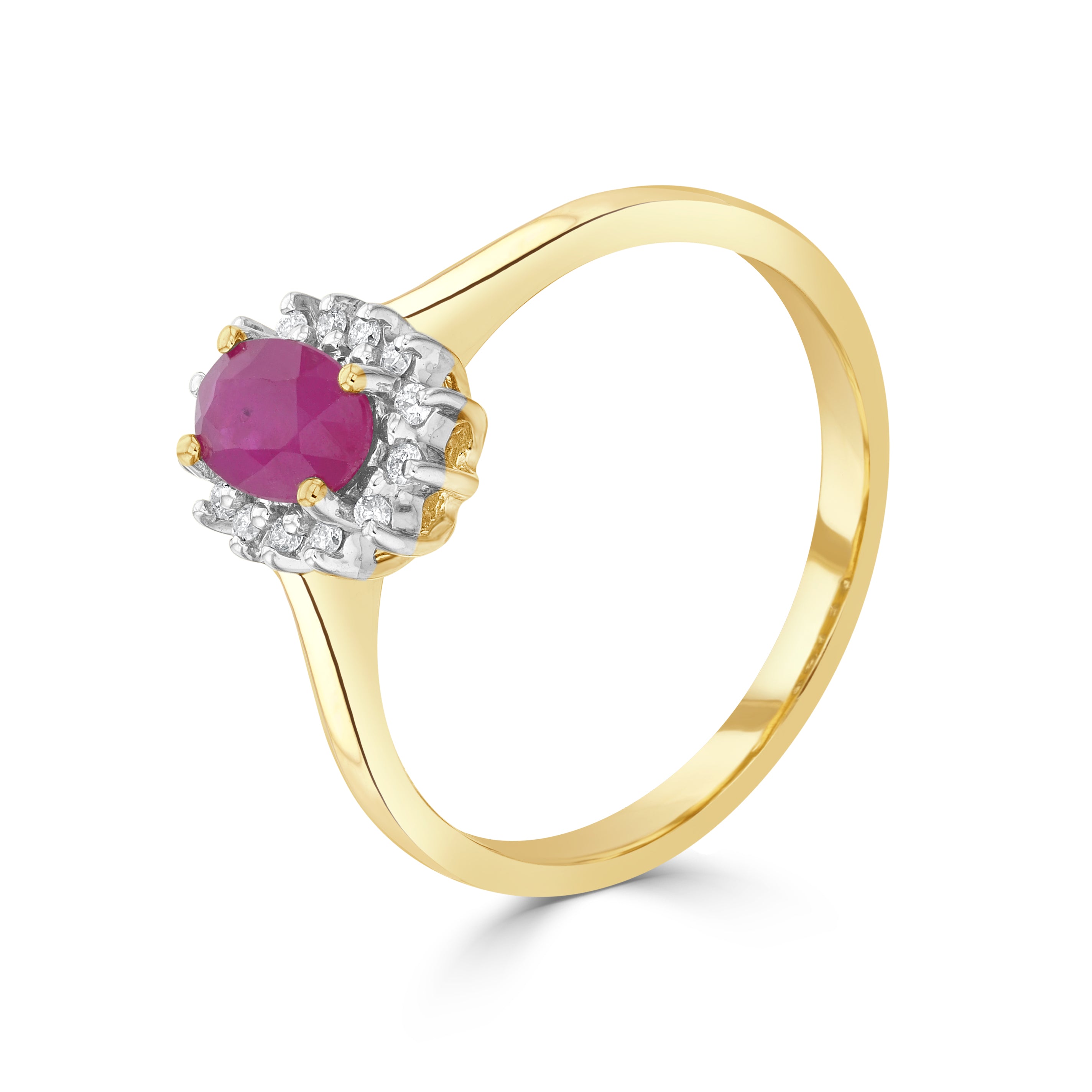 9ct Yellow Gold 6x4 Oval Ruby & Diamond Claw Set Cluster Ring Rhodium to Diamonds