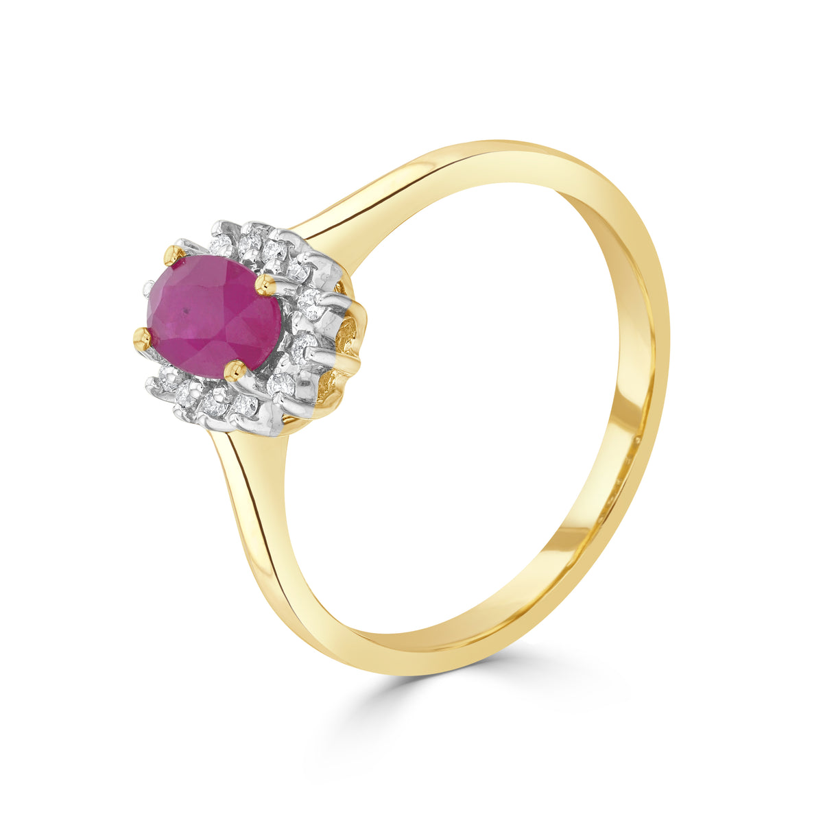 9ct Yellow Gold 6x4 Oval Ruby & Diamond Claw Set Cluster Ring Rhodium to Diamonds