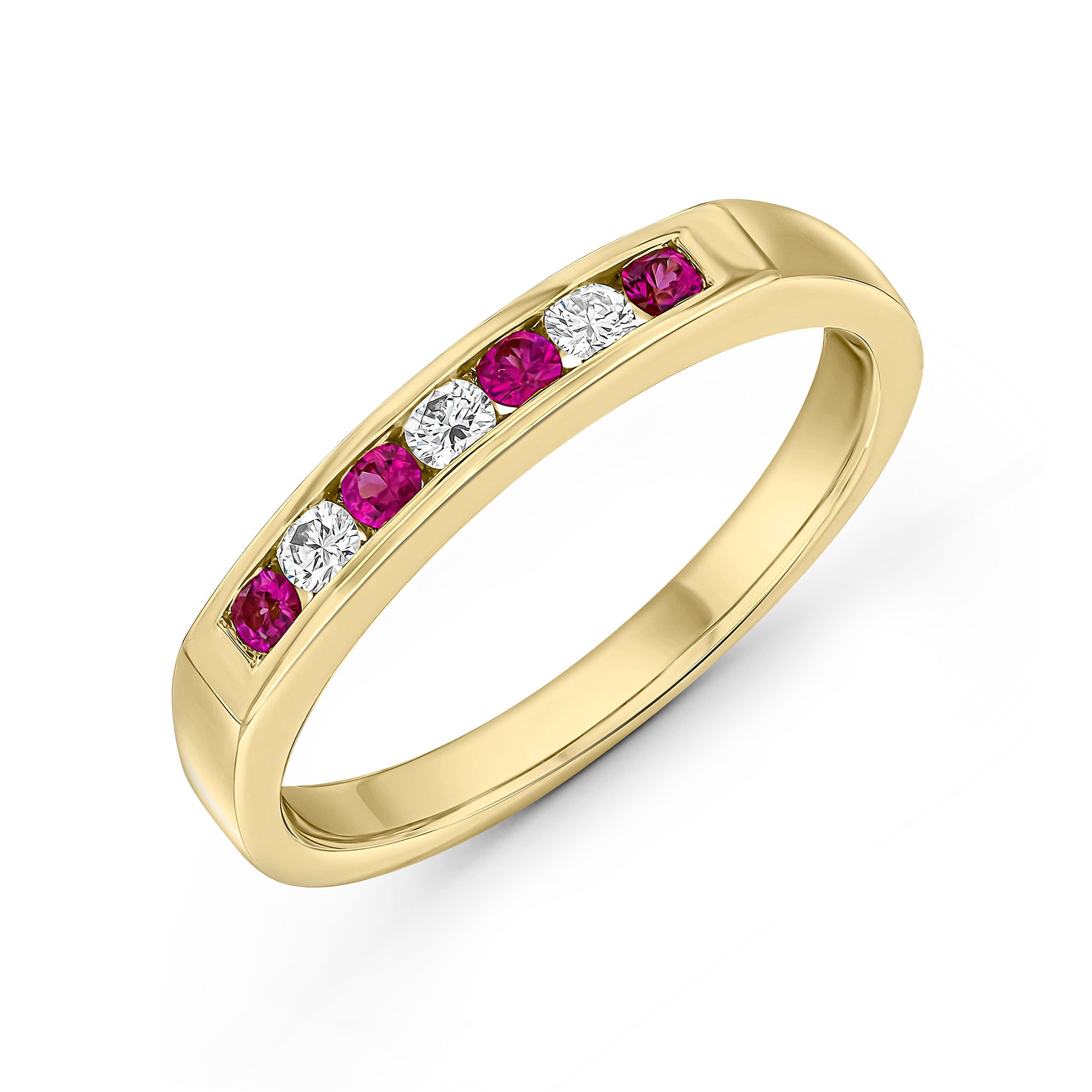 18ct Yellow Gold Round Ruby and Diamond 7 Stone Channel Set Half Eternity Ring