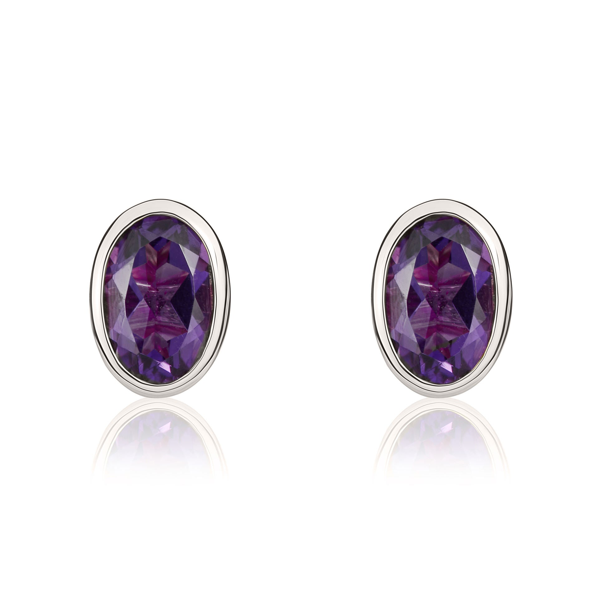 9ct white gold 6 x 4 mm oval Amethyst rubover Stud Earrings