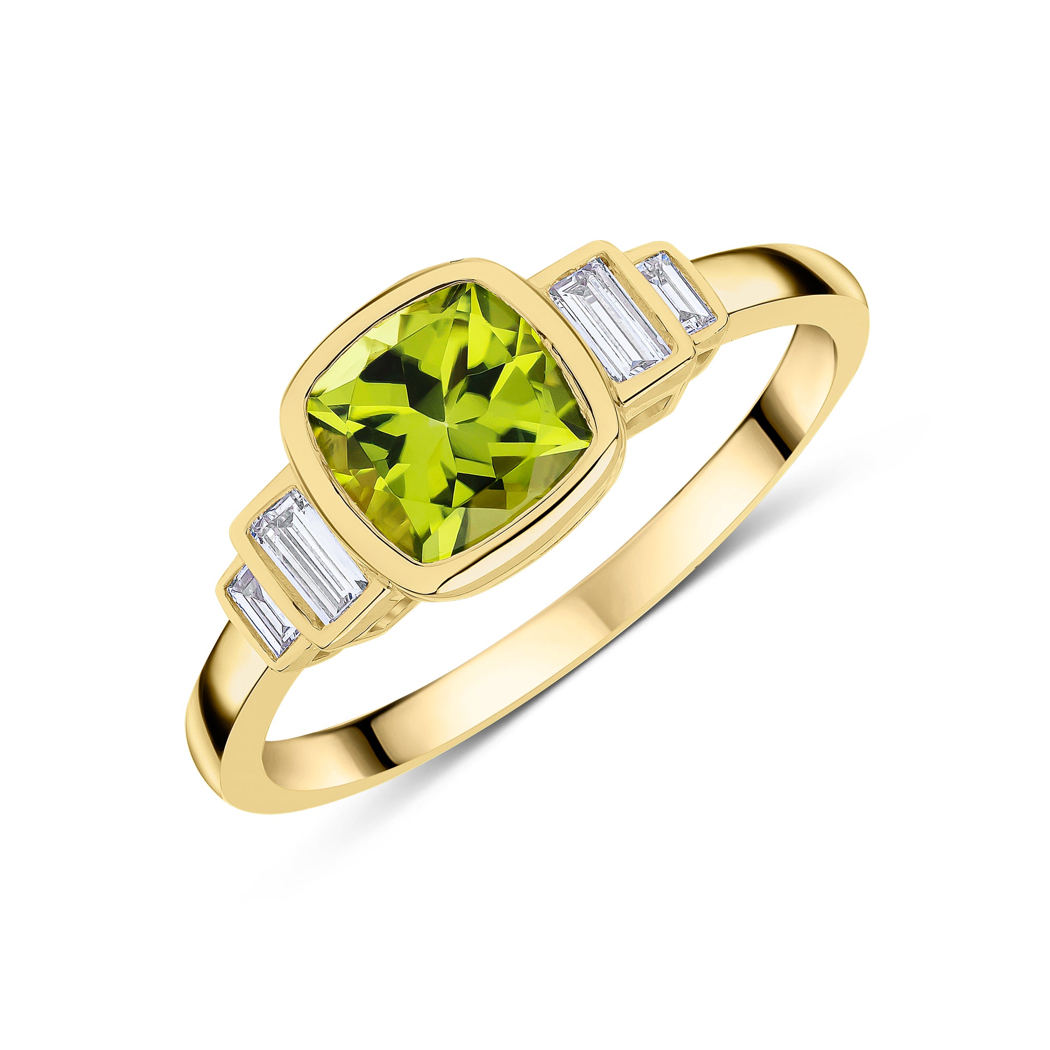 9ct Yellow Gold 6mm Cushion Peridot & Baguette Diamond 2 Stone Stepped Shoulders Ring