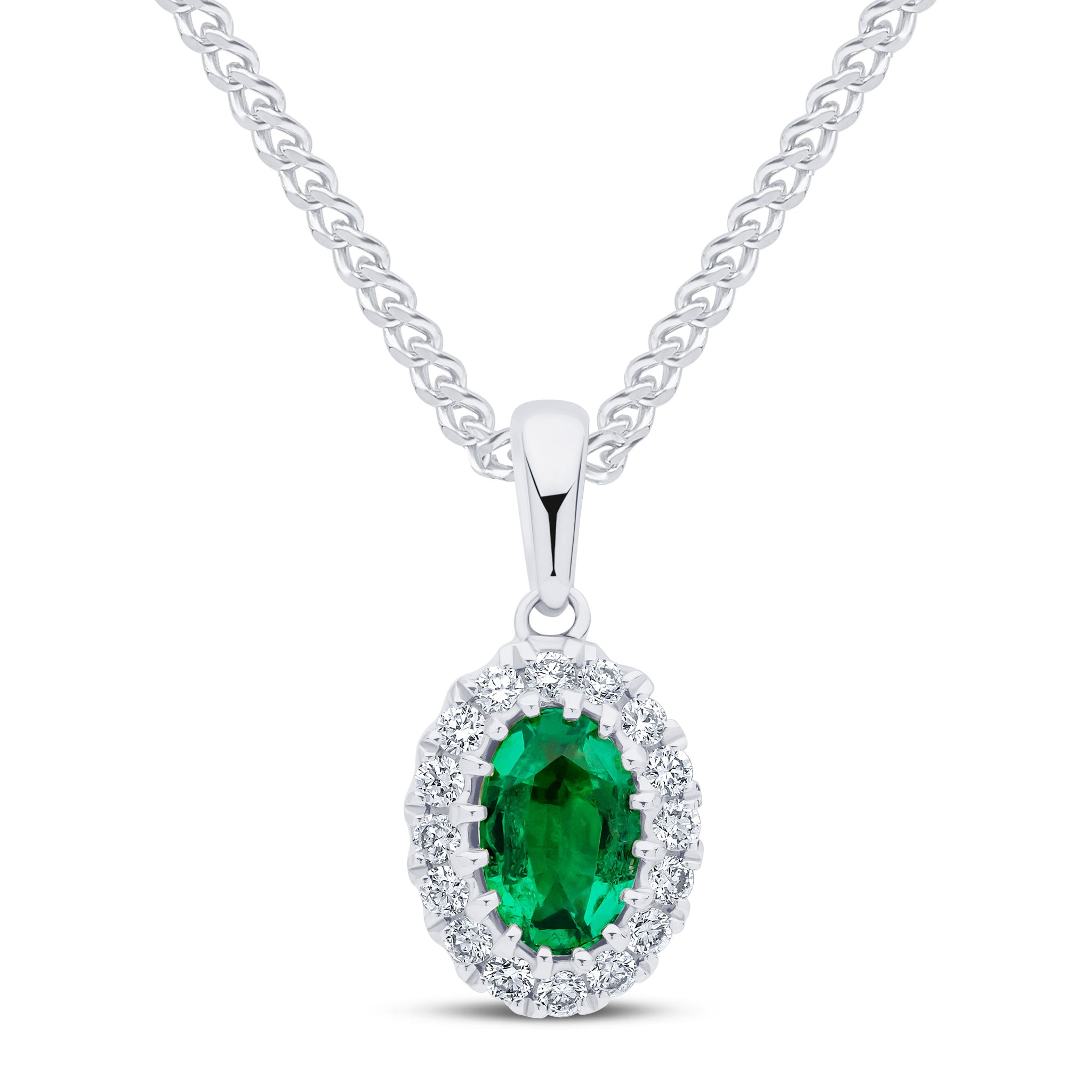 18ct White Gold 6x4 Oval Emerald and Round Diamond Claw Cluster Pendant with Plain Loop