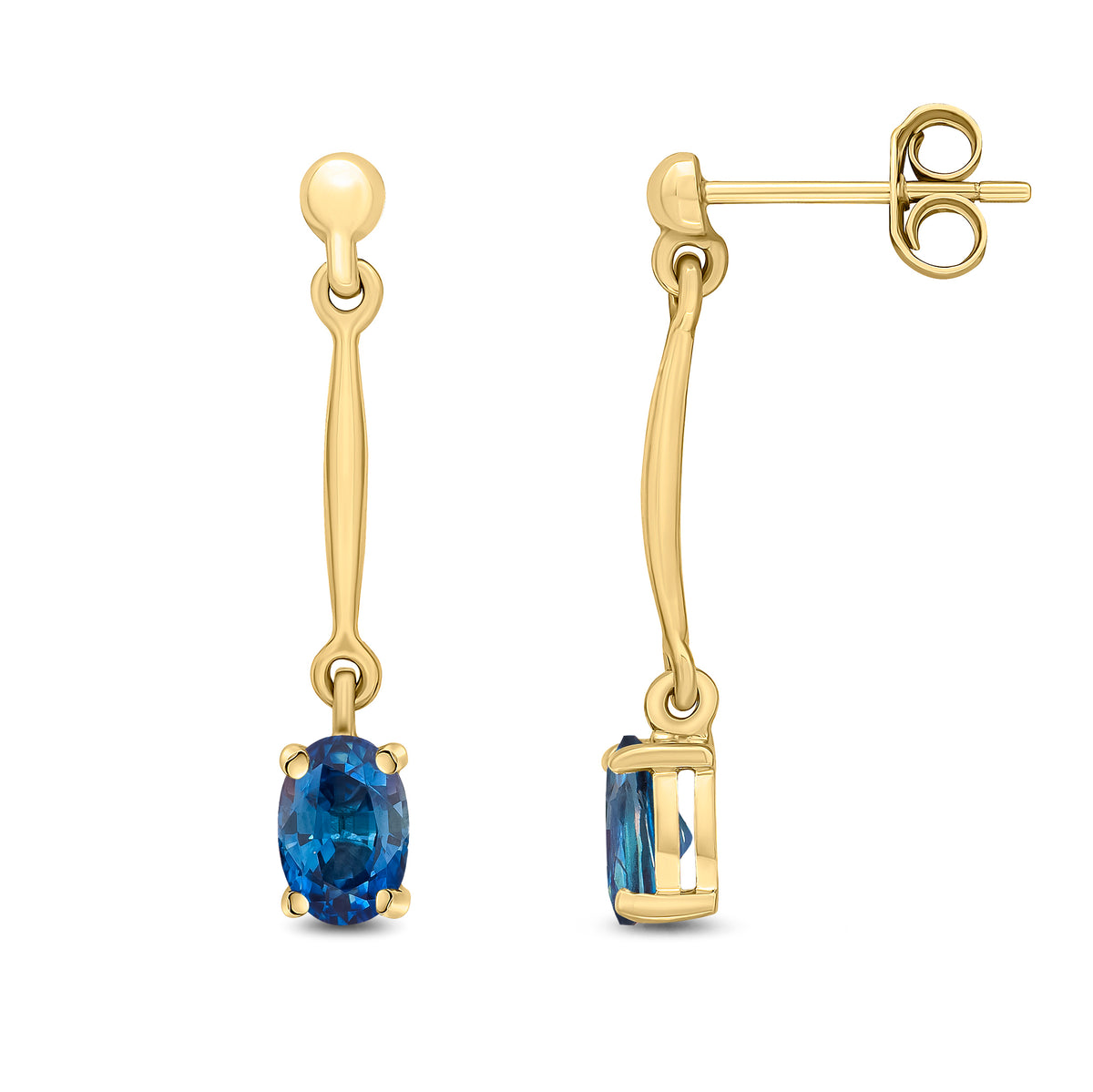9ct Yellow Gold Claw Set 6x4mm Oval Sapphire and Bar Drop Earrings