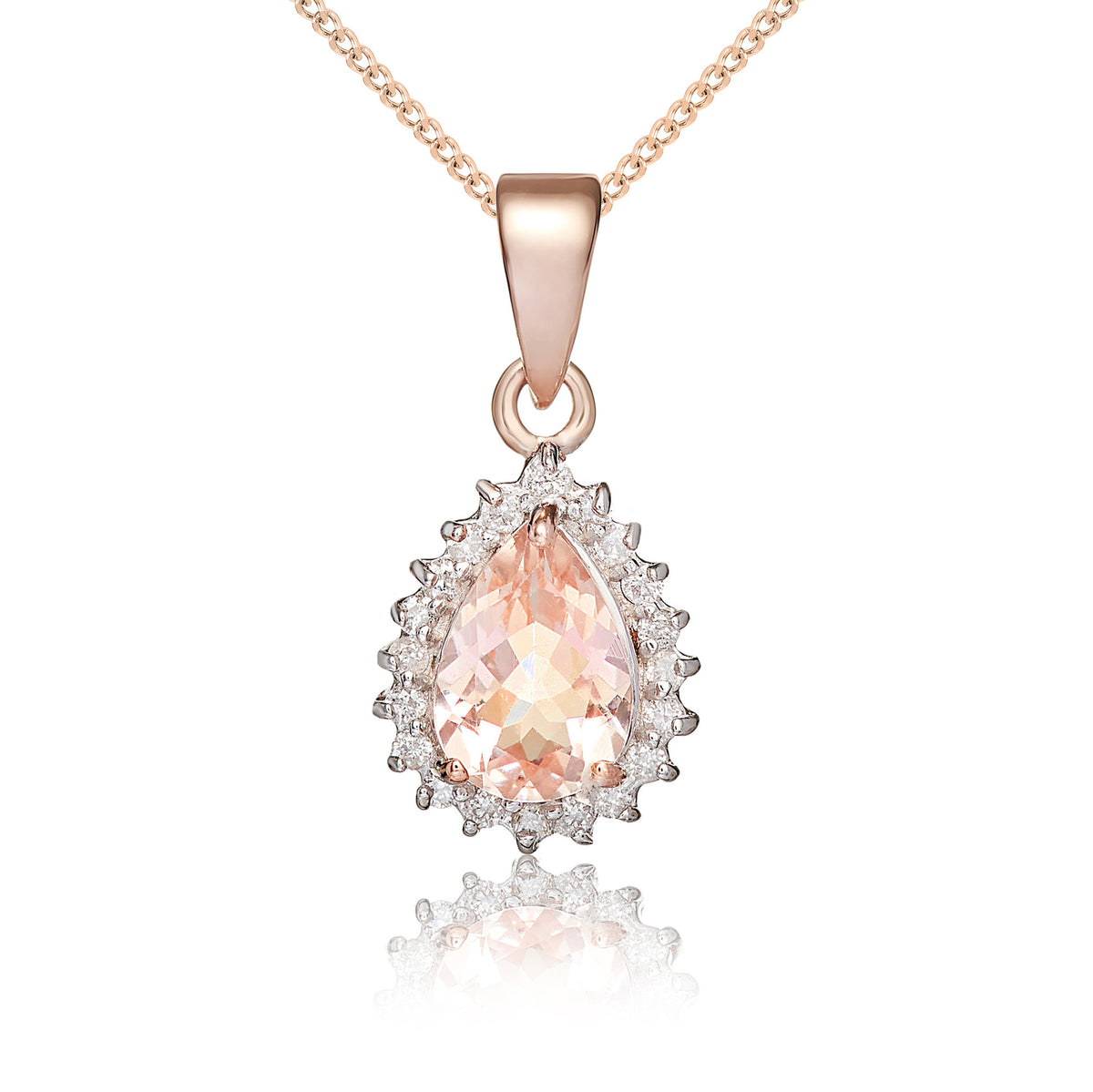 9ct Rose Gold Pear Morganite & Diamond Pend