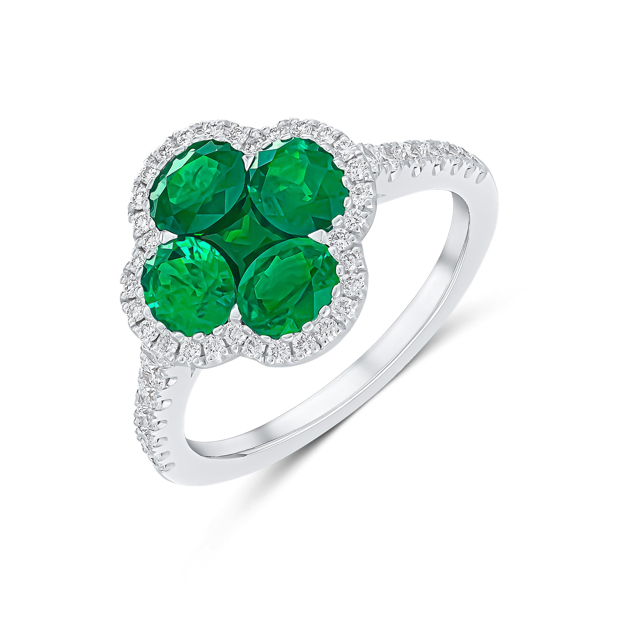 18ct White Gold Emerald & Diamond Quatrefoil Cluster Ring with Diamond Set Shoulders