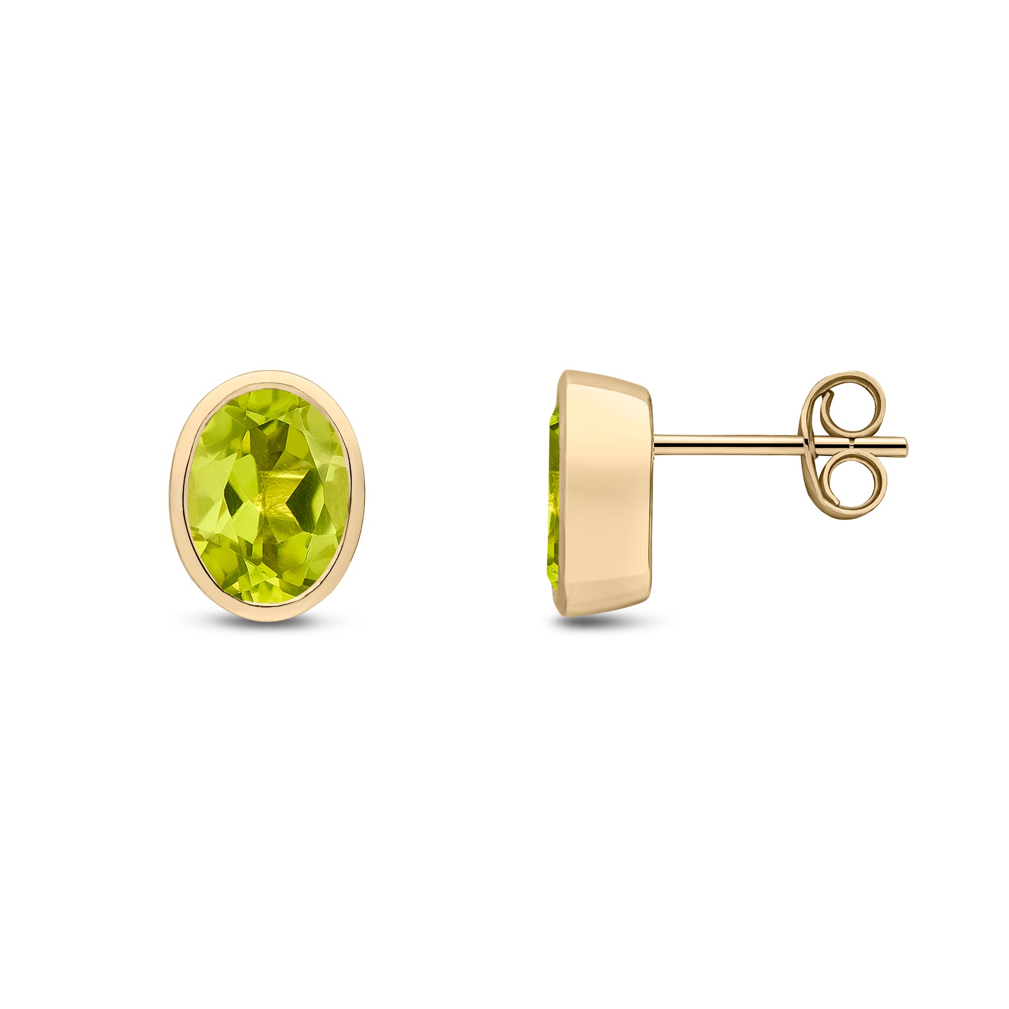 9ct Yellow Gold 8x6 Oval Peridot Rubover Earrings