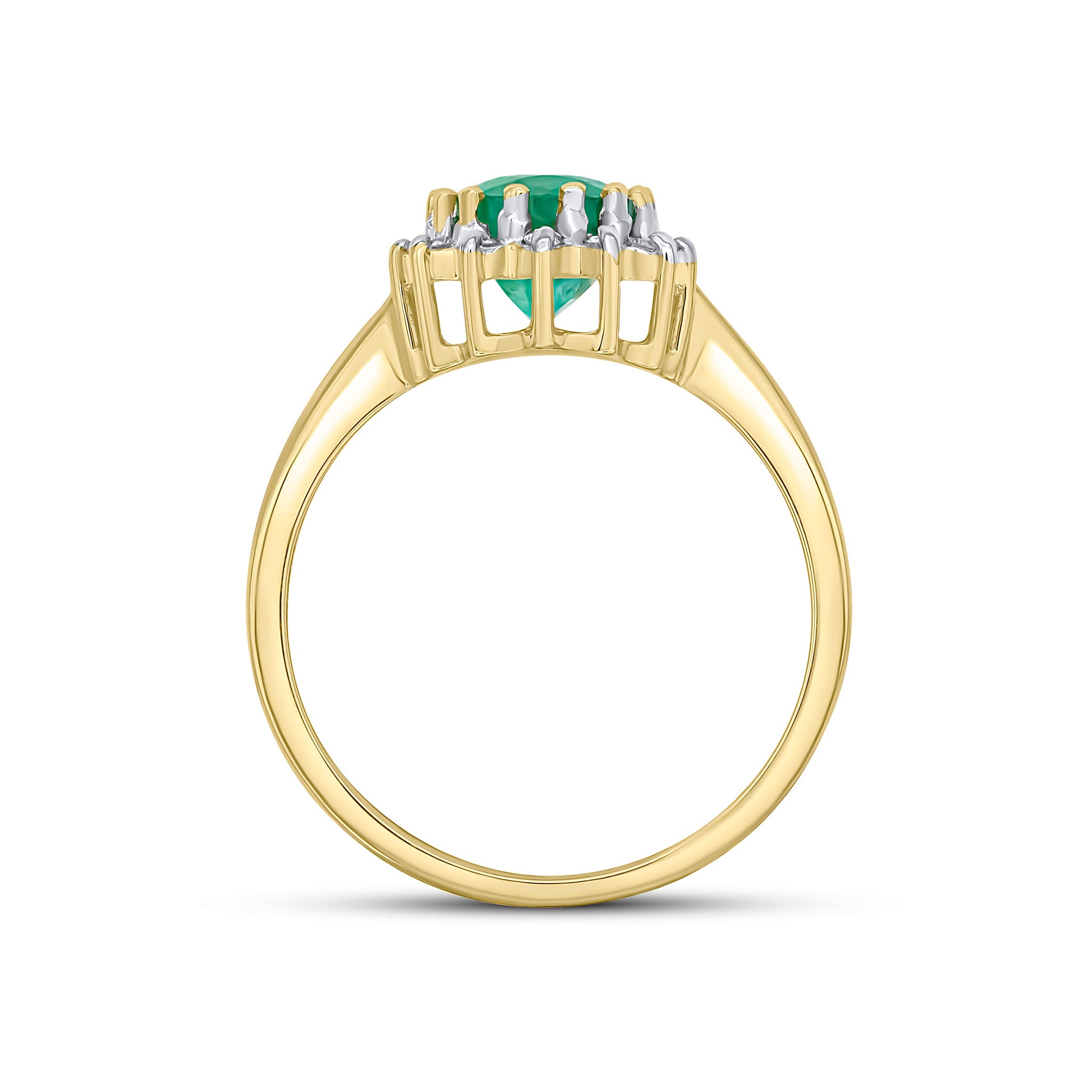 9CT YG 8X6 OVAL EMERALD & DIAMOND CLAW SET CLUSTER RING. RHODIUM TO DIAMONDS 1