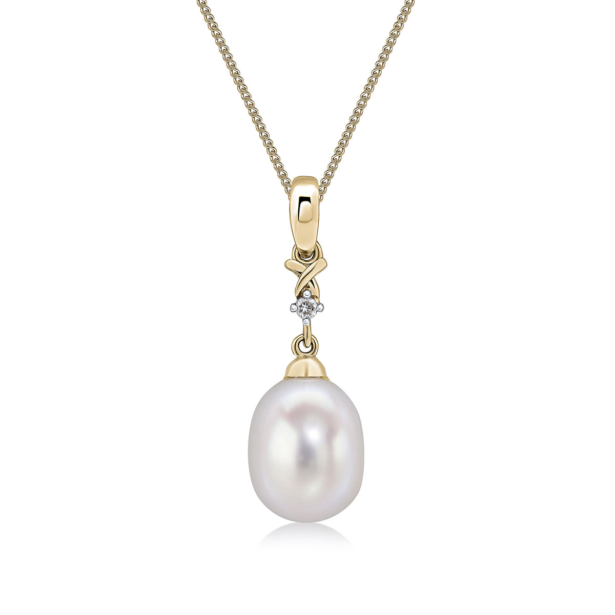 9ct Yellow Gold Cultured Freshwater Pearl and Diamond 2 Stone Pendant with Plain Loop Top