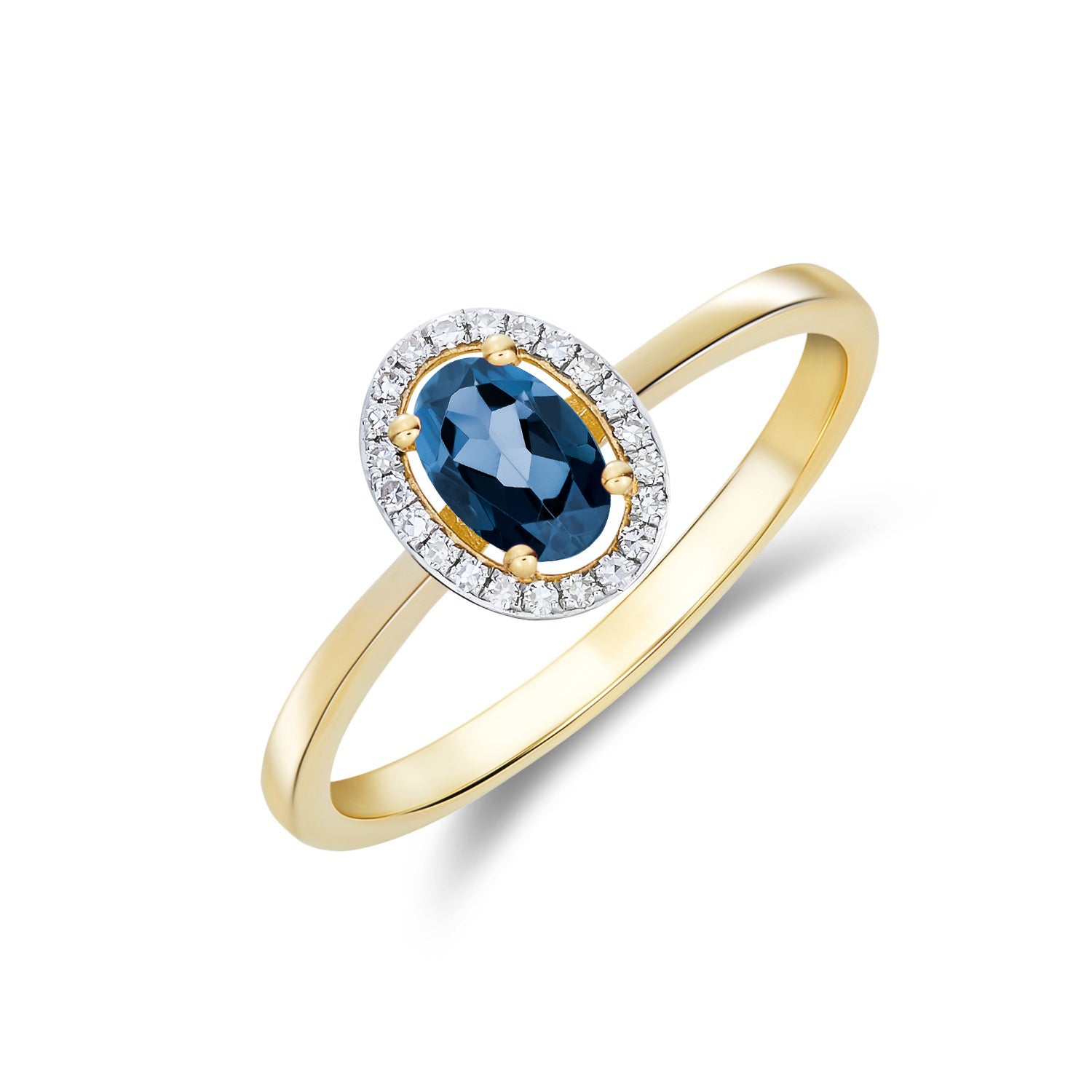 9ct Yellow Gold 6x4 Oval London Blue Topaz and Round Diamond Halo Cluster Ring