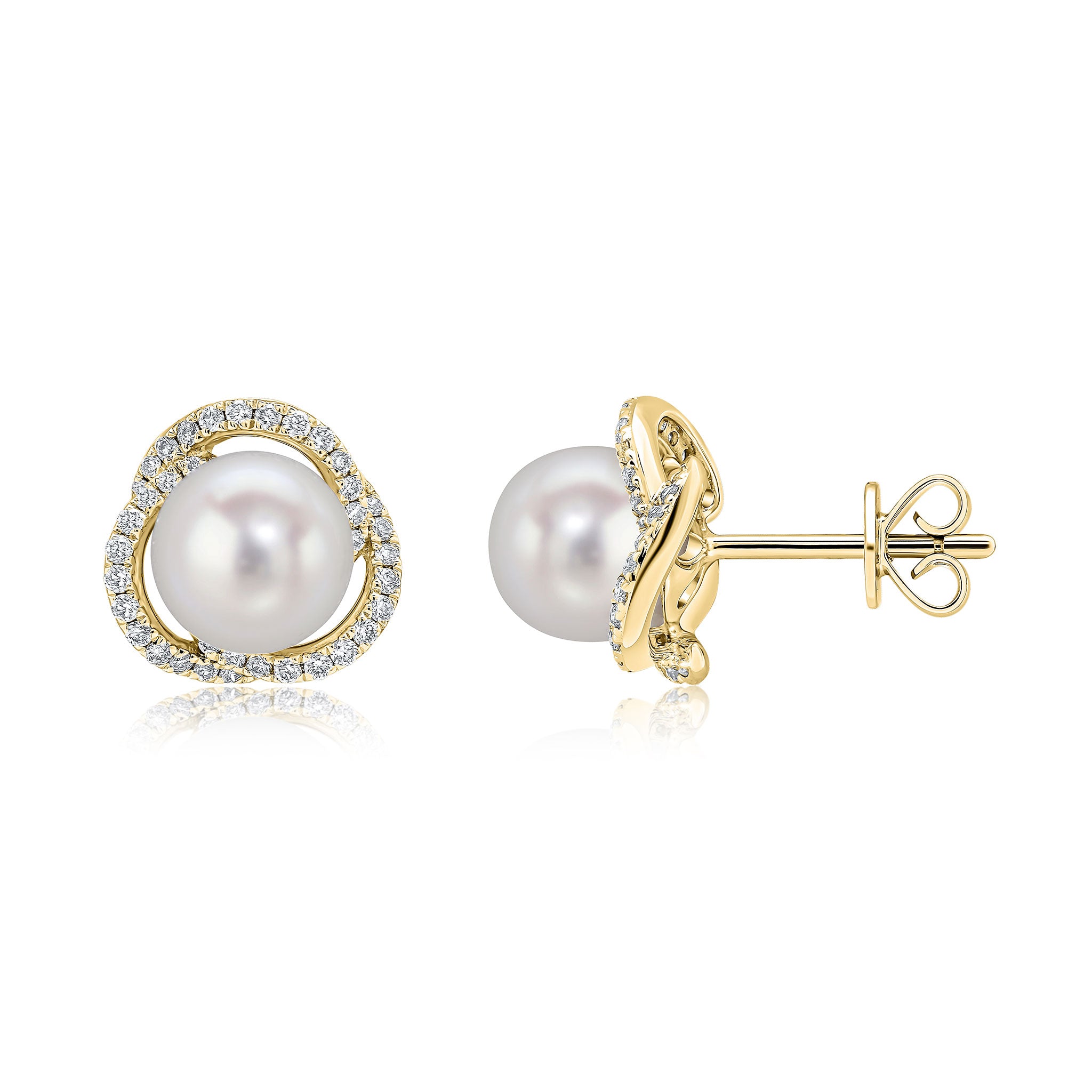 18ct Yellow Gold Freshwater Cultured Pearl and Diamond Swirl Round Cluster Earrings