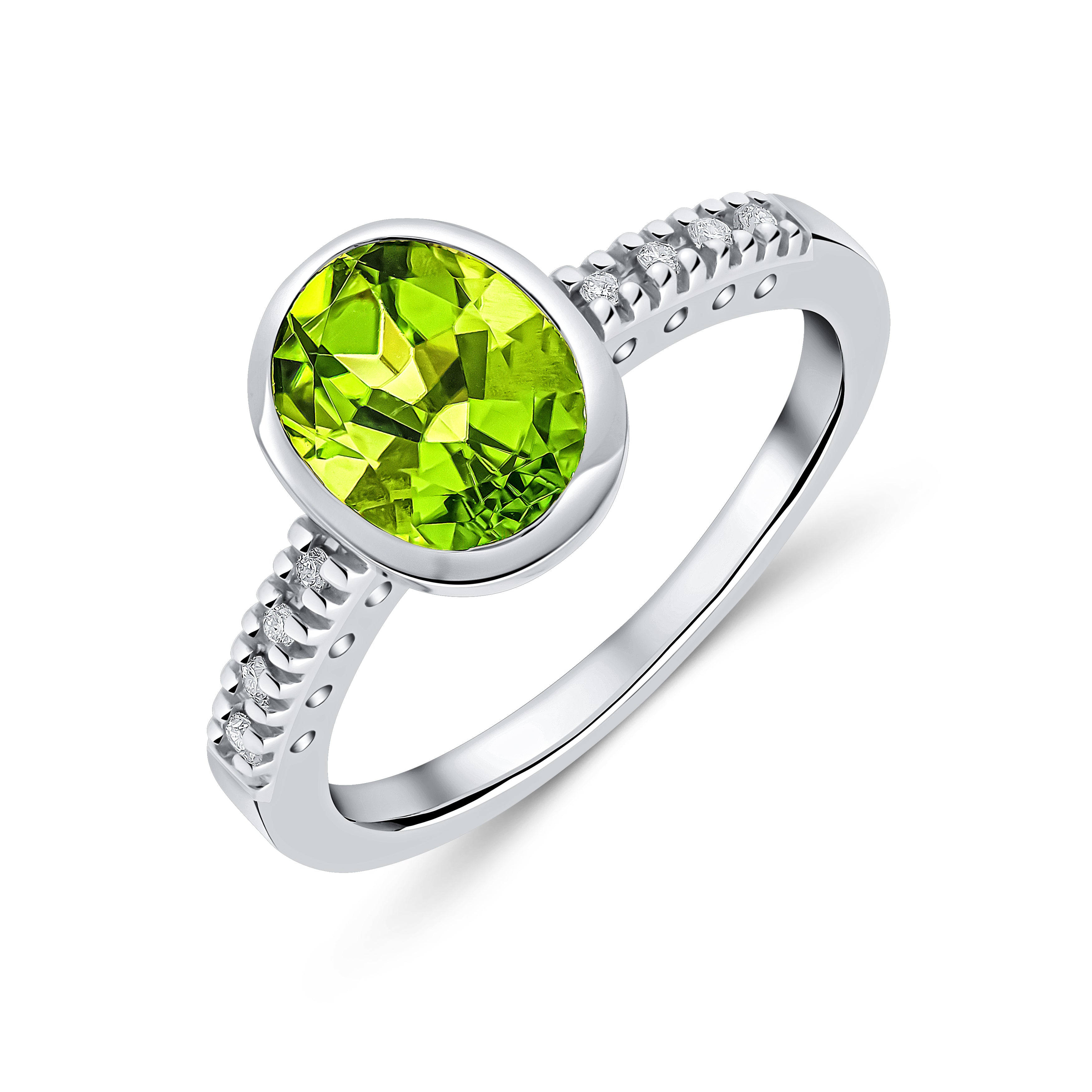 9ct White Gold Rubover 9x7 Oval Peridot Single Stone Ring with Claw Set Diamond Shoulders