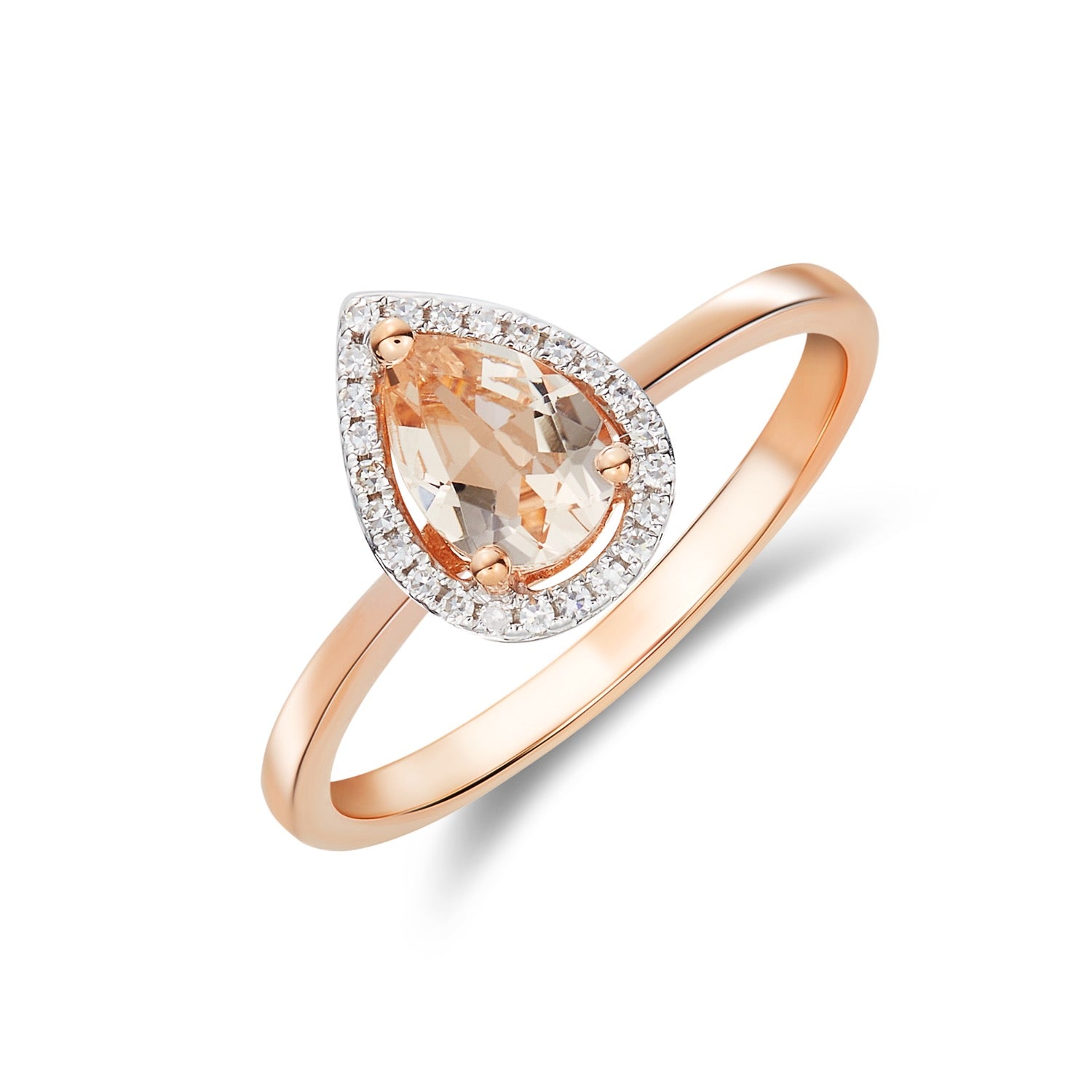 9ct Rose Gold 7x5 Pear Shape Morganite & Diamond Halo Claw Cluster Ring Rhodium to Diamonds
