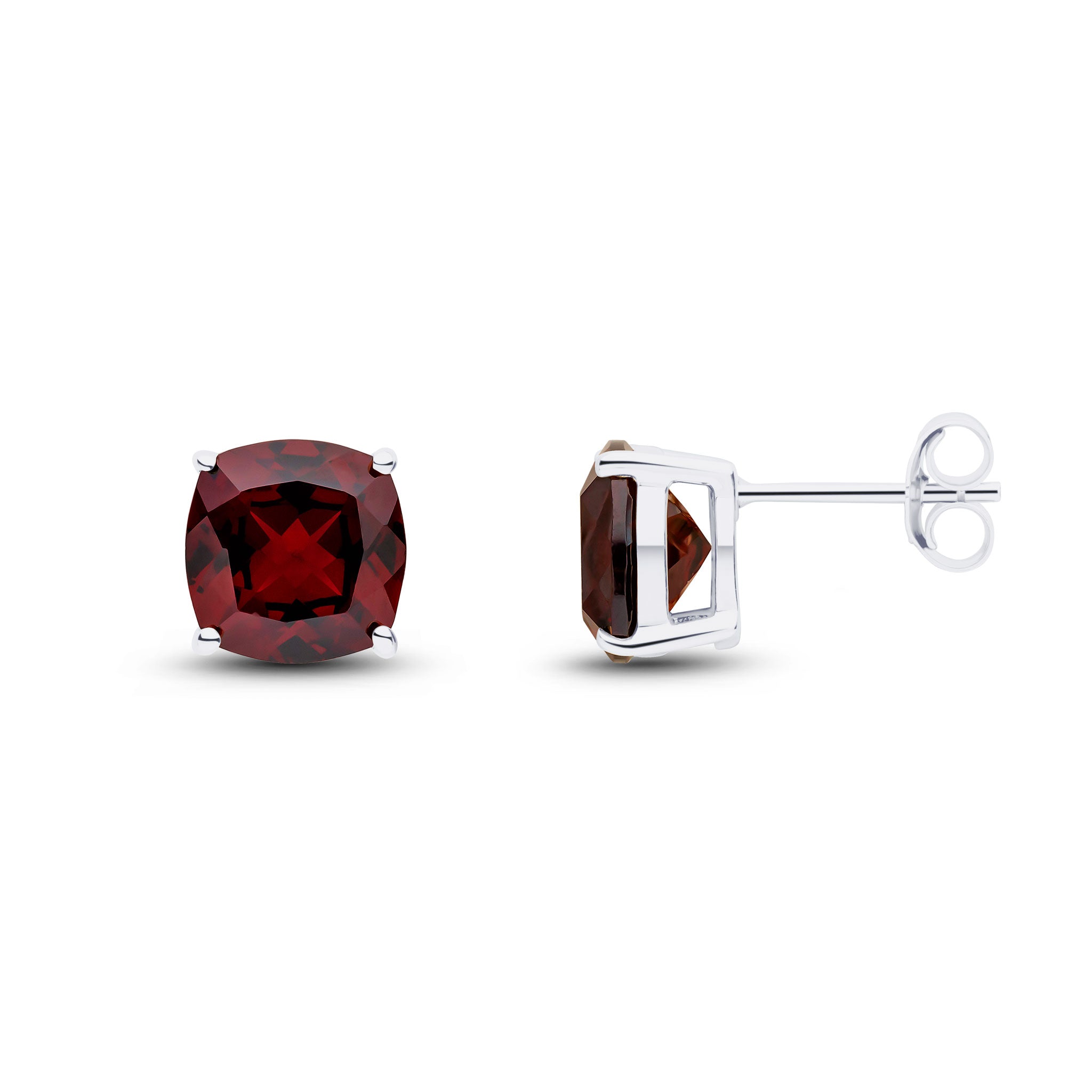 9ct White Gold 8mm Cushion Garnet Claw Set Earrings