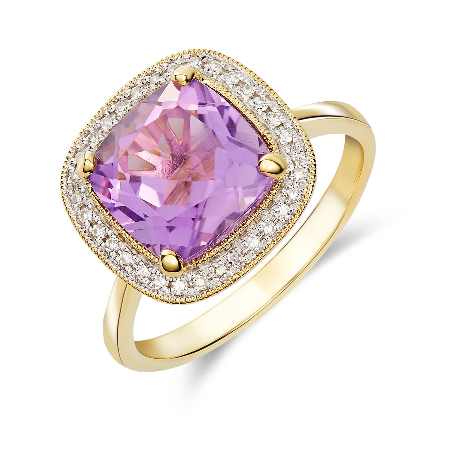 9ct Yellow Gold Claw Set 9mm Cushion Amethyst and Milgrain Round Diamond Set Cluster Ring
