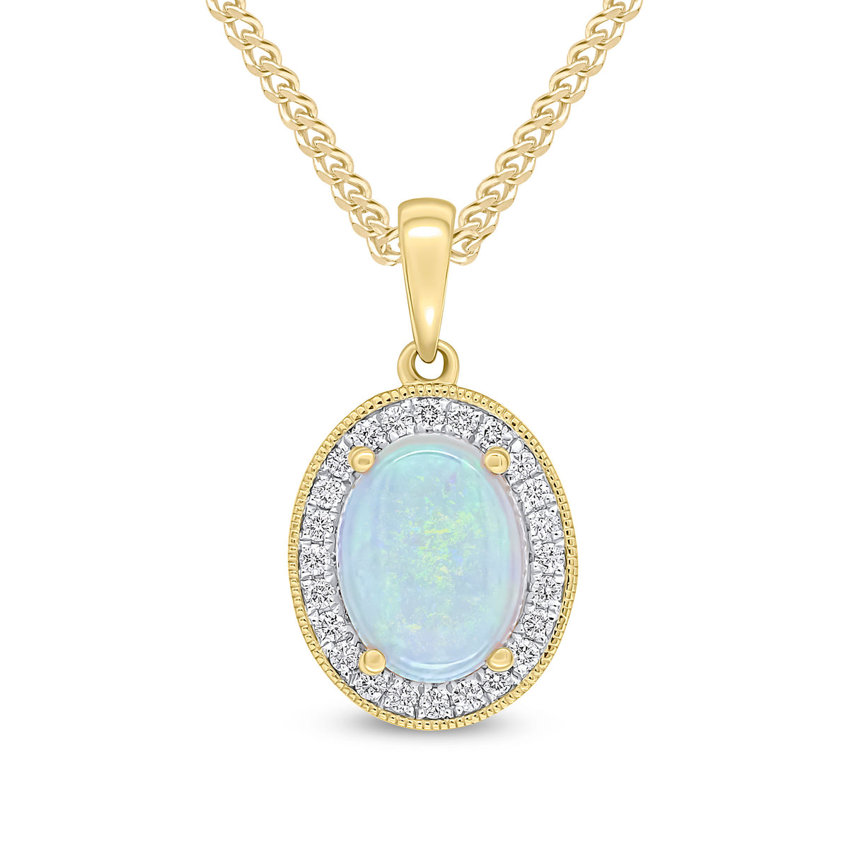 18ct Yellow Gold Claw Set 9x7mm Oval Opal and Diamond Cluster Pendant Milgrain Edge