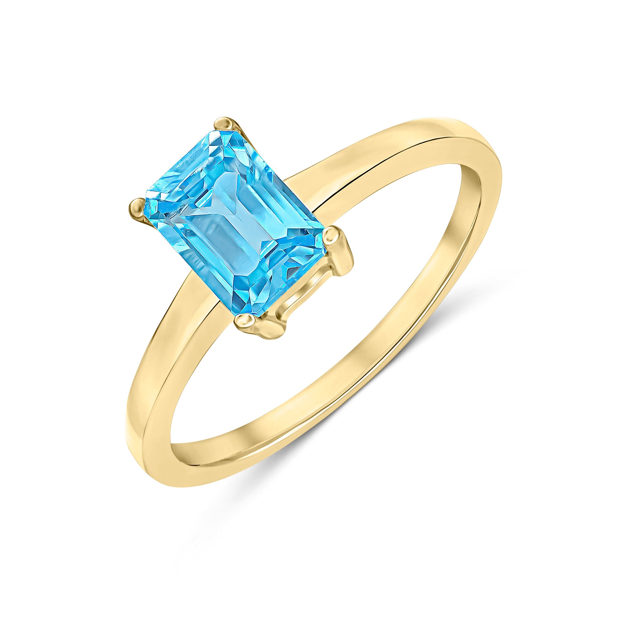 9CT YG 7X5MM OCTAGON SWISS BLUE TOPAZ CLAW SET SINGLE STONE RING 1
