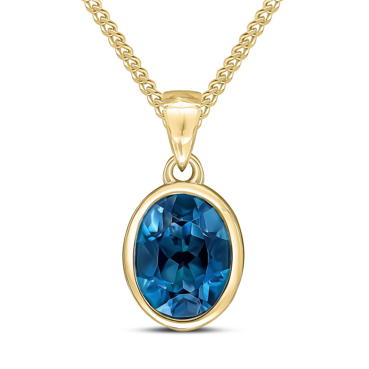 9ct Yellow Gold 9x7mm Oval London Blue Topaz Single Stone Rubover Pendant with Plain Loop