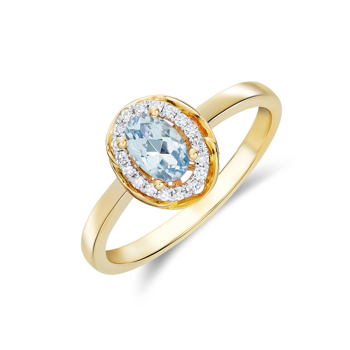 9ct Yellow Gold 6x4 Oval Aquamarine & Diamond Cluster Ring with Rope Edge