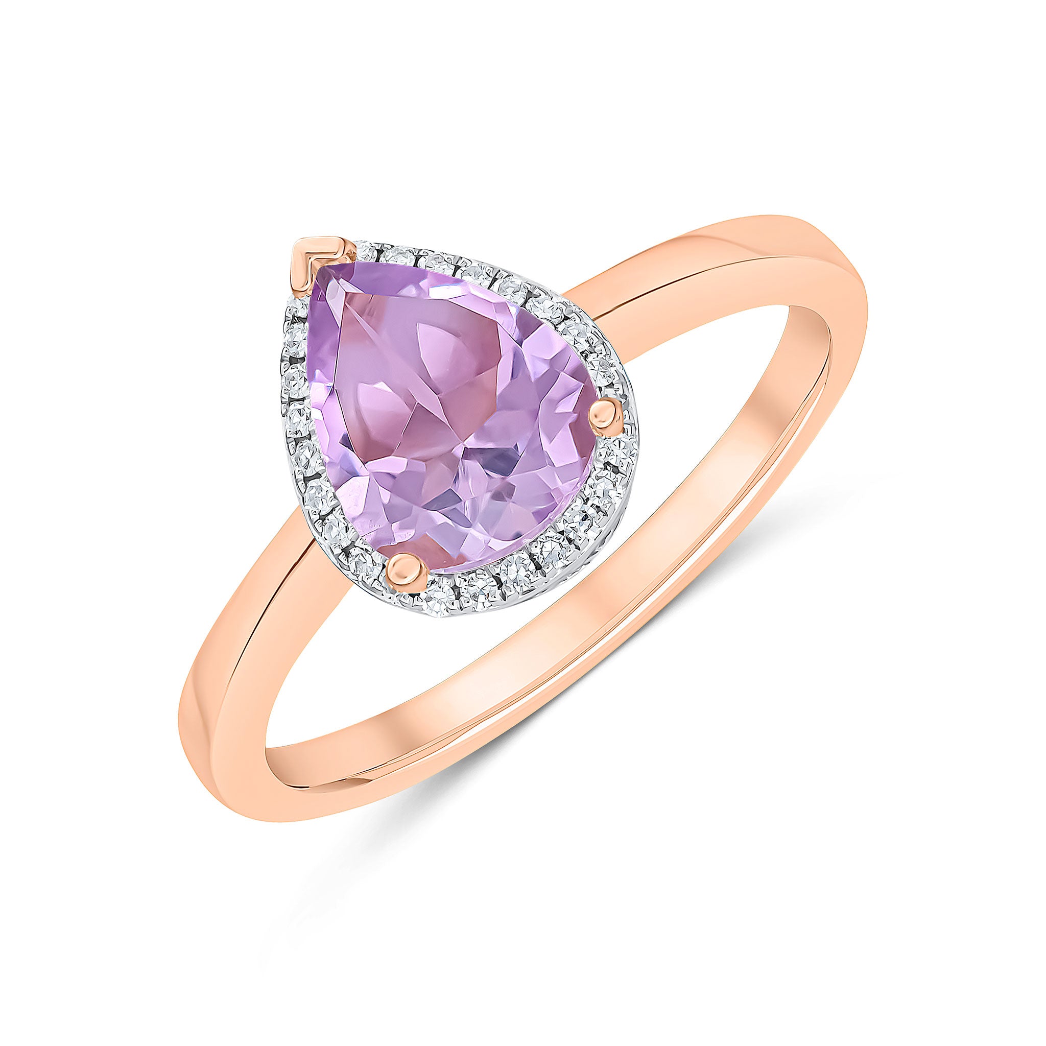 9ct Rose Gold 9x7mm Pear Pink Amethyst and Diamond Claw Set Cluster Ring Rhodium to Diamonds