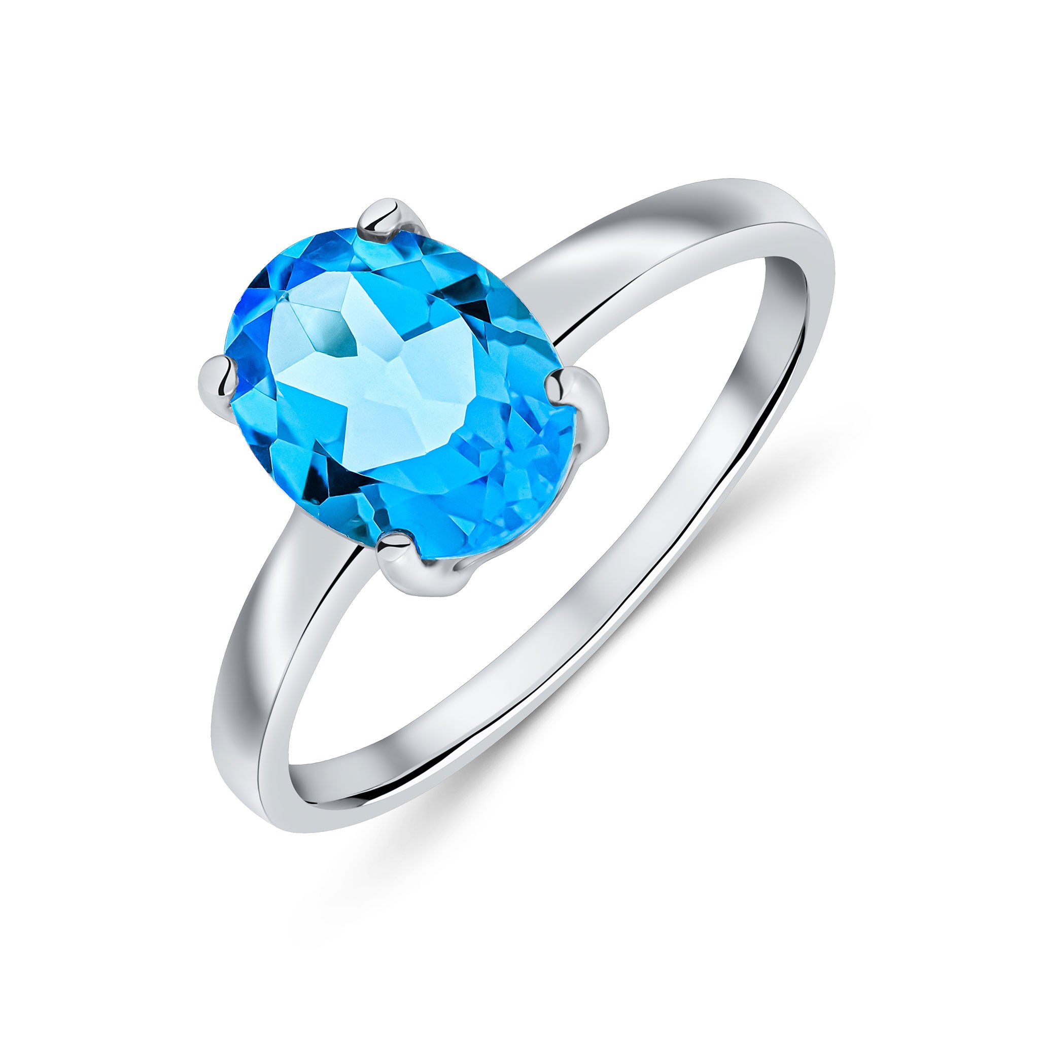 9ct White Gold 9x7mm Oval Swiss Blue Topaz Claw Single Stone Ring