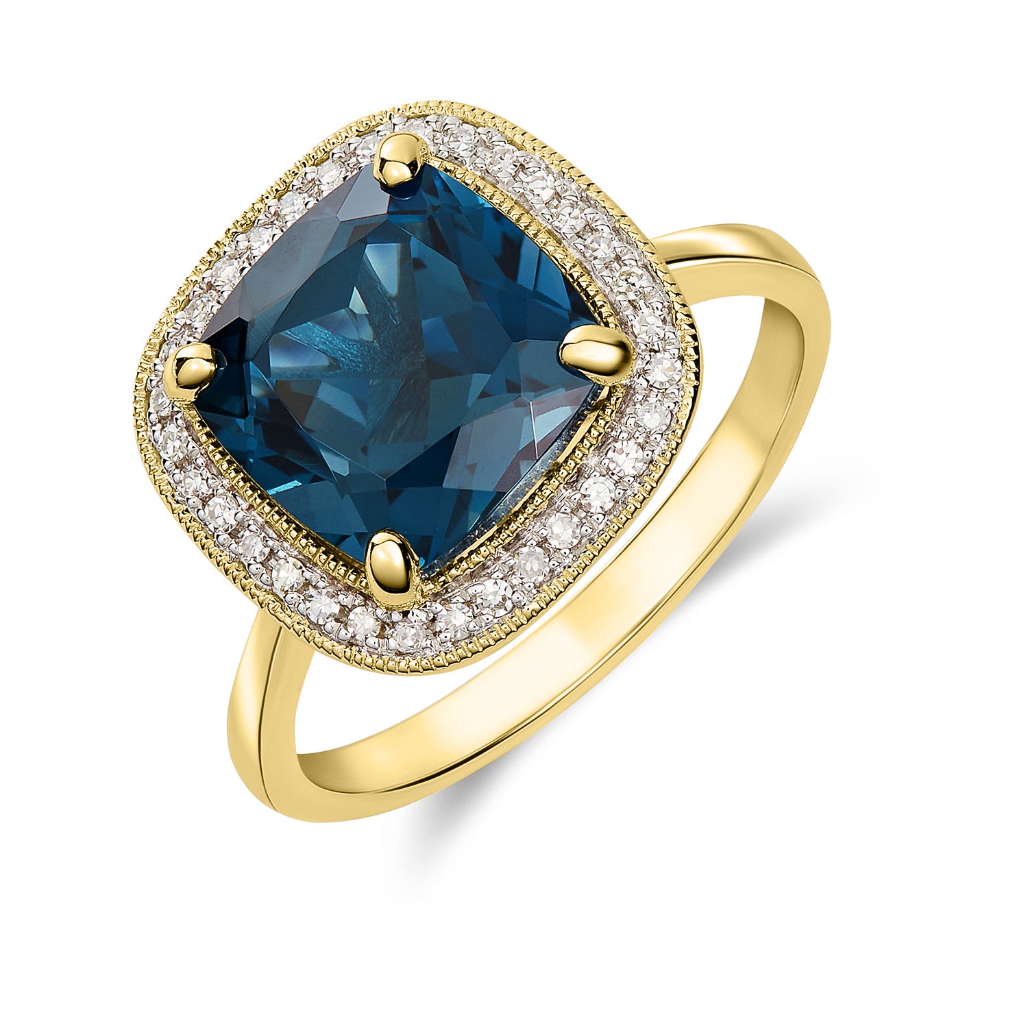 9CT YG 9MM CUSHION LONDON BLUE TOPAZ AND DIAMOND CLUSTER RING WITH MILLEGRAIN EDGE. RHODIUM TO DIAMONDS 1