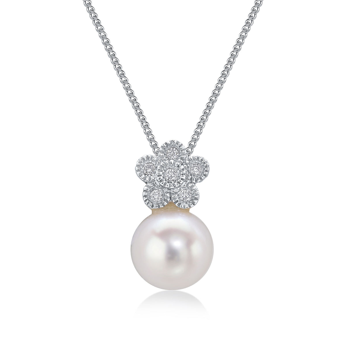 9ct White Gold Diamond Milgrain Cluster & Freshwater Pearl Slider Pendant