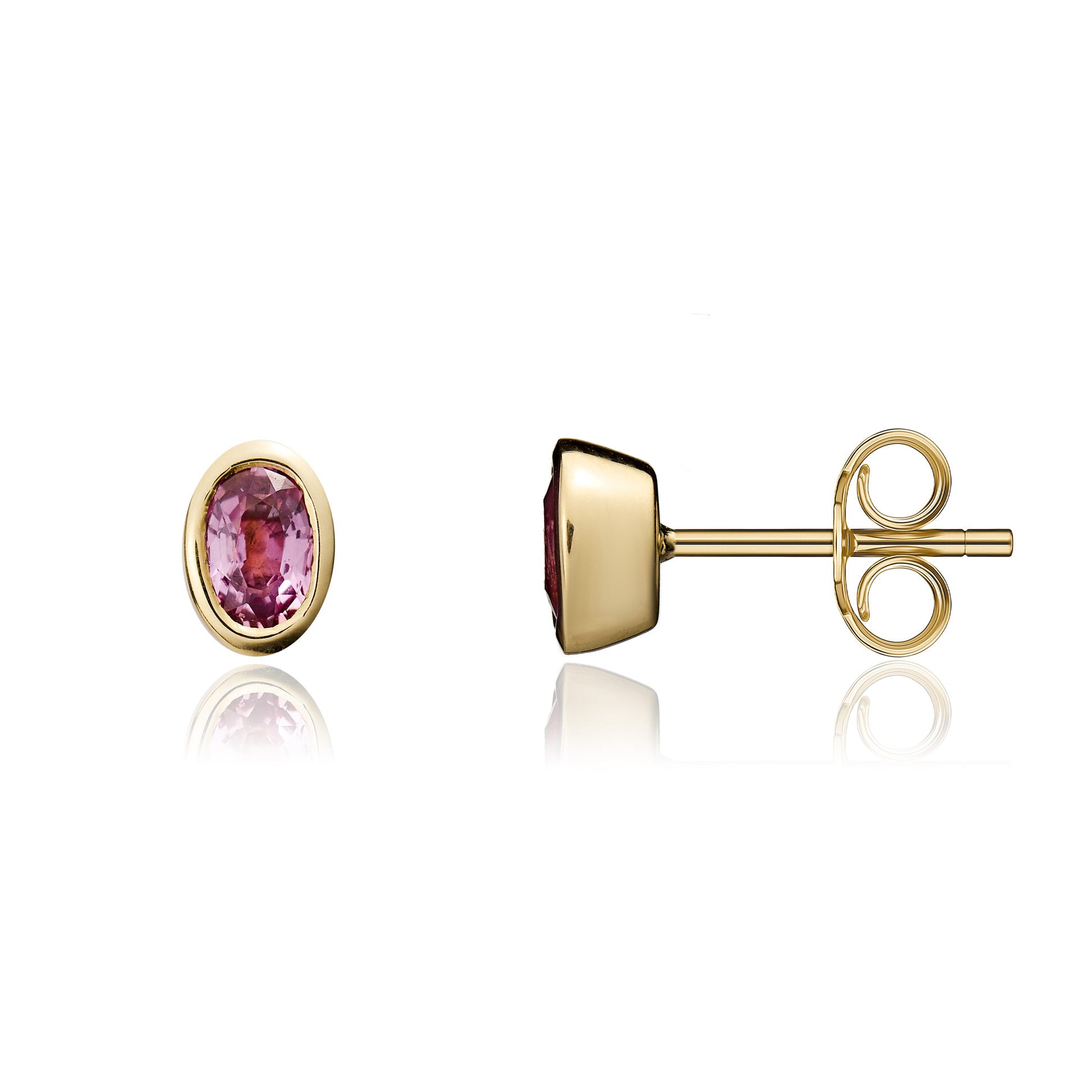 9ct Yellow Gold 5x3 Oval Pink Sapphire Rubover Stud Earrings