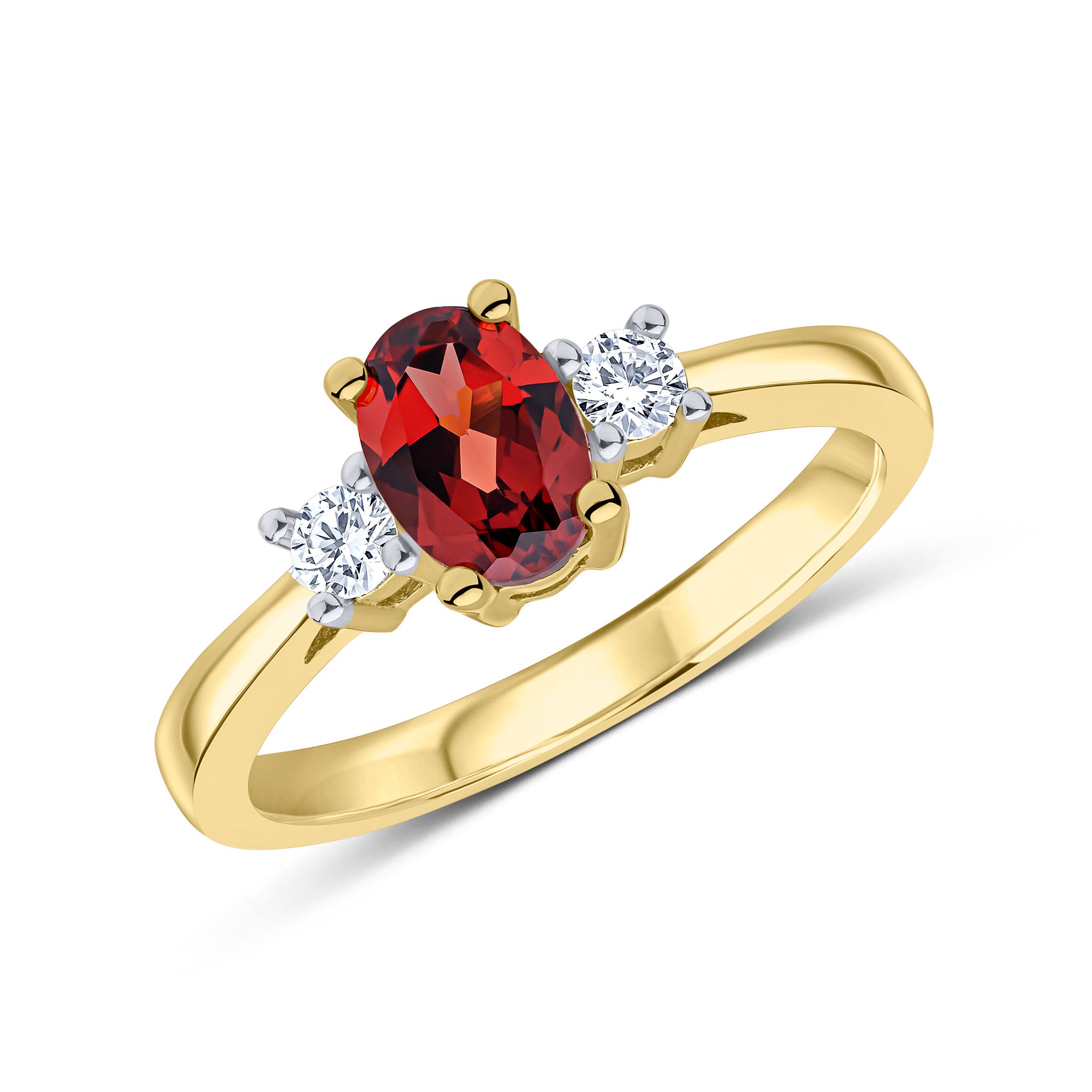 9CT YG 7X5 OVAL GARNET AND ROUND DIAMOND CLAW SET 3ST RING. RHODIUM TO DIAMONDS 1