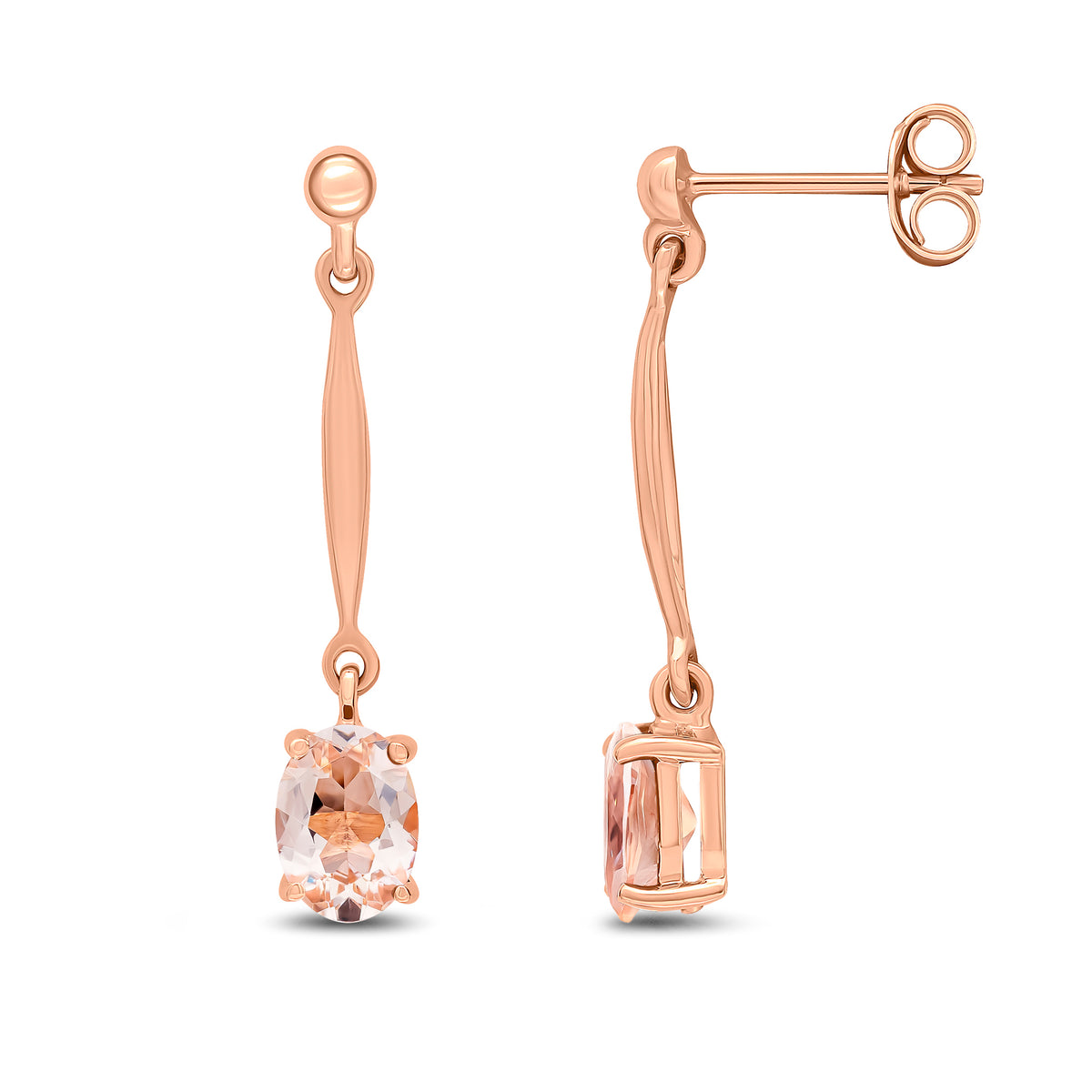 9ct Rose Gold 7x5mm Oval Morganite and Bar Drop Earrings with Bead Top