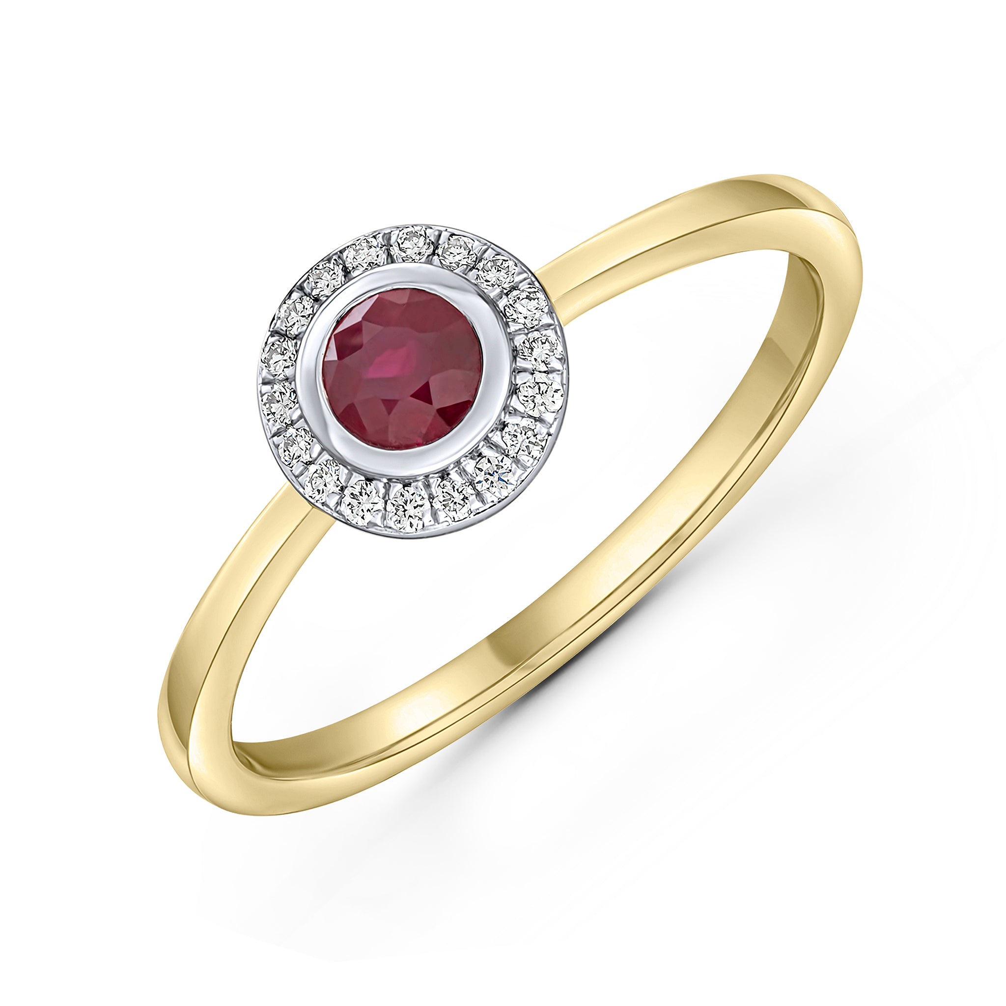 18ct Yellow and White Gold Round Ruby and Diamond Rubover Grain Set Cluster Ring