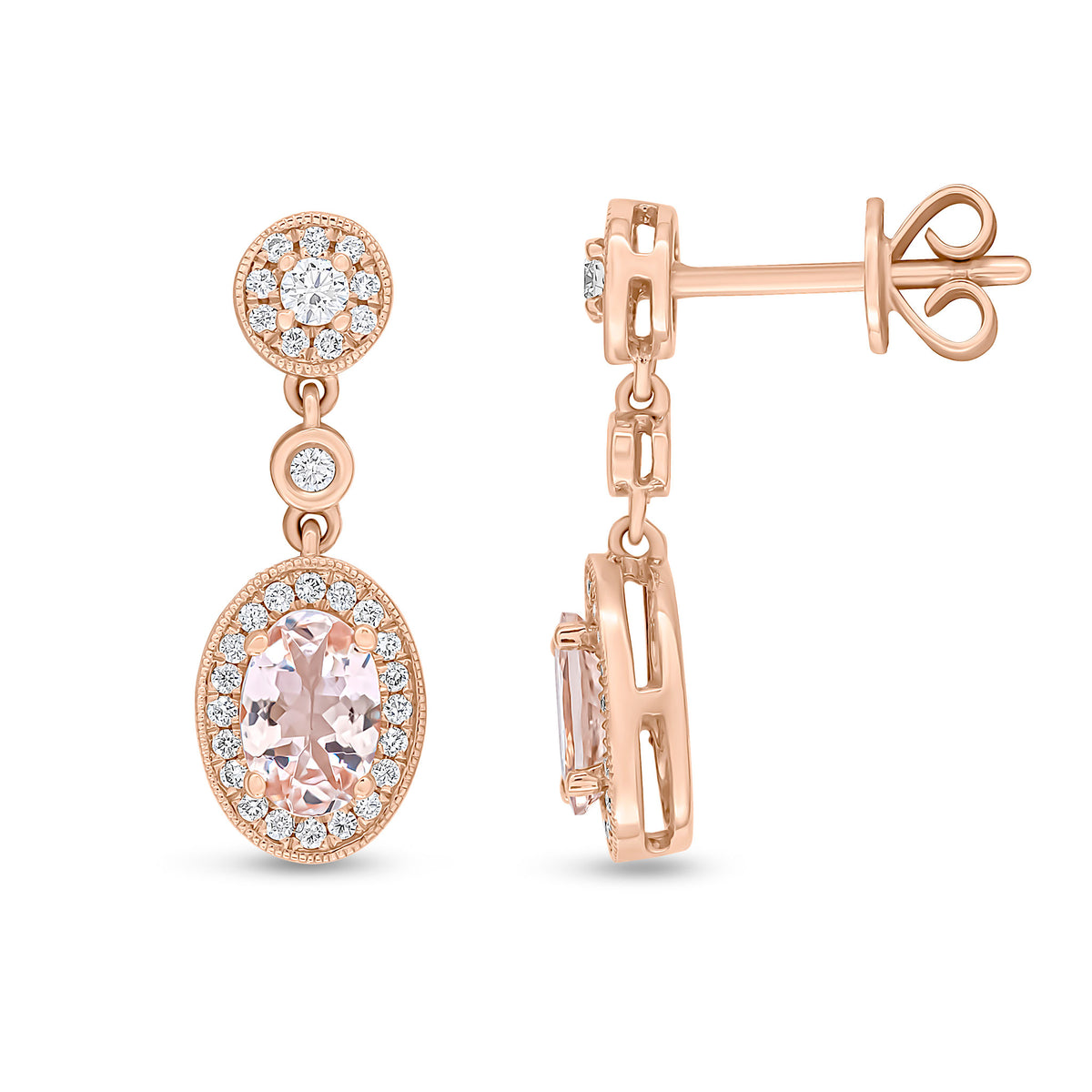 18ct Rose Gold Oval Morganite and Diamond Cluster Drop Earrings with Diamond Cluster Top