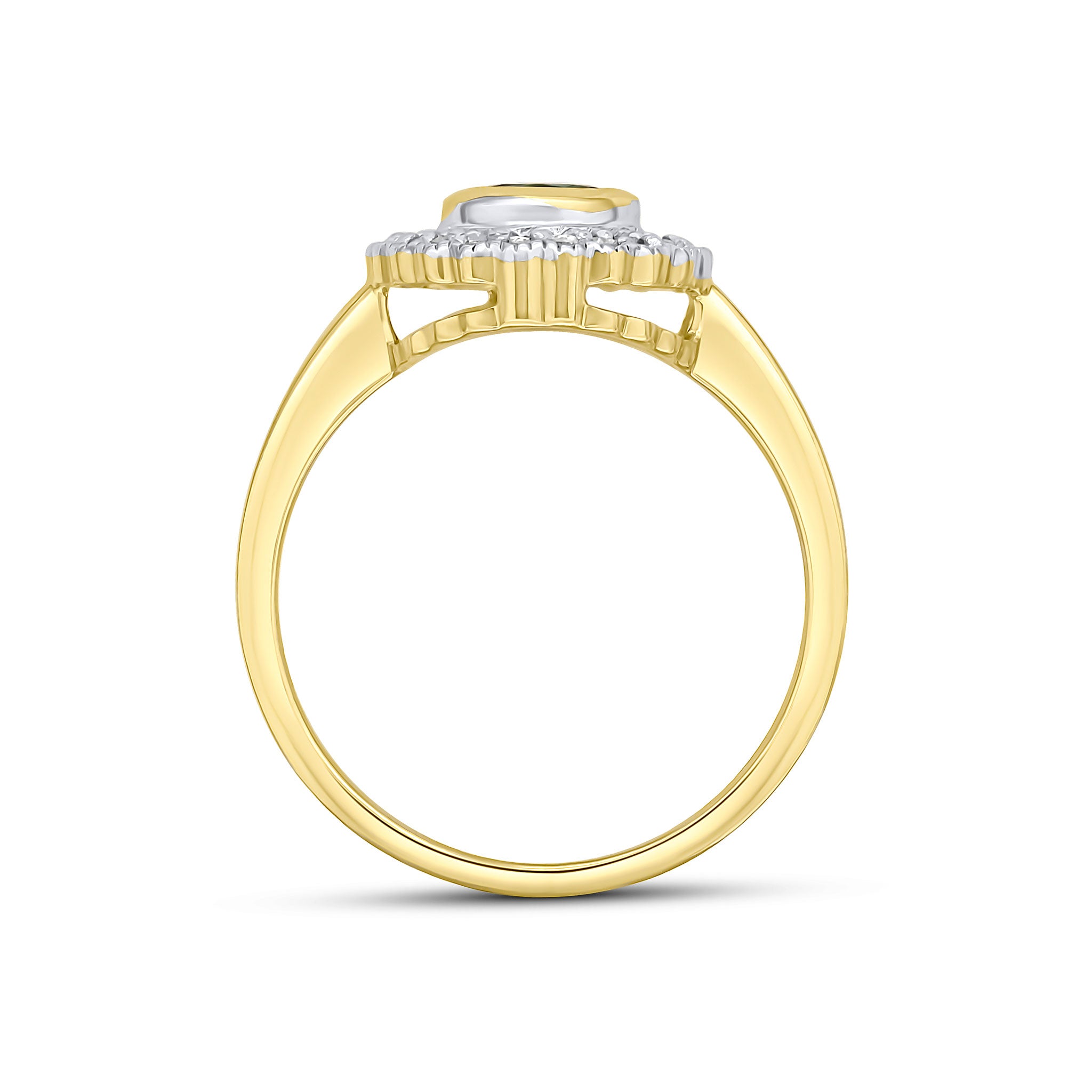 9CT YELLOW GOLD ROUND RUBOVER SAPPHIRE AND MILLEGRAIN ROUND DIAMOND CLUSTER RING. RHODIUM TO DIAMONDS 1