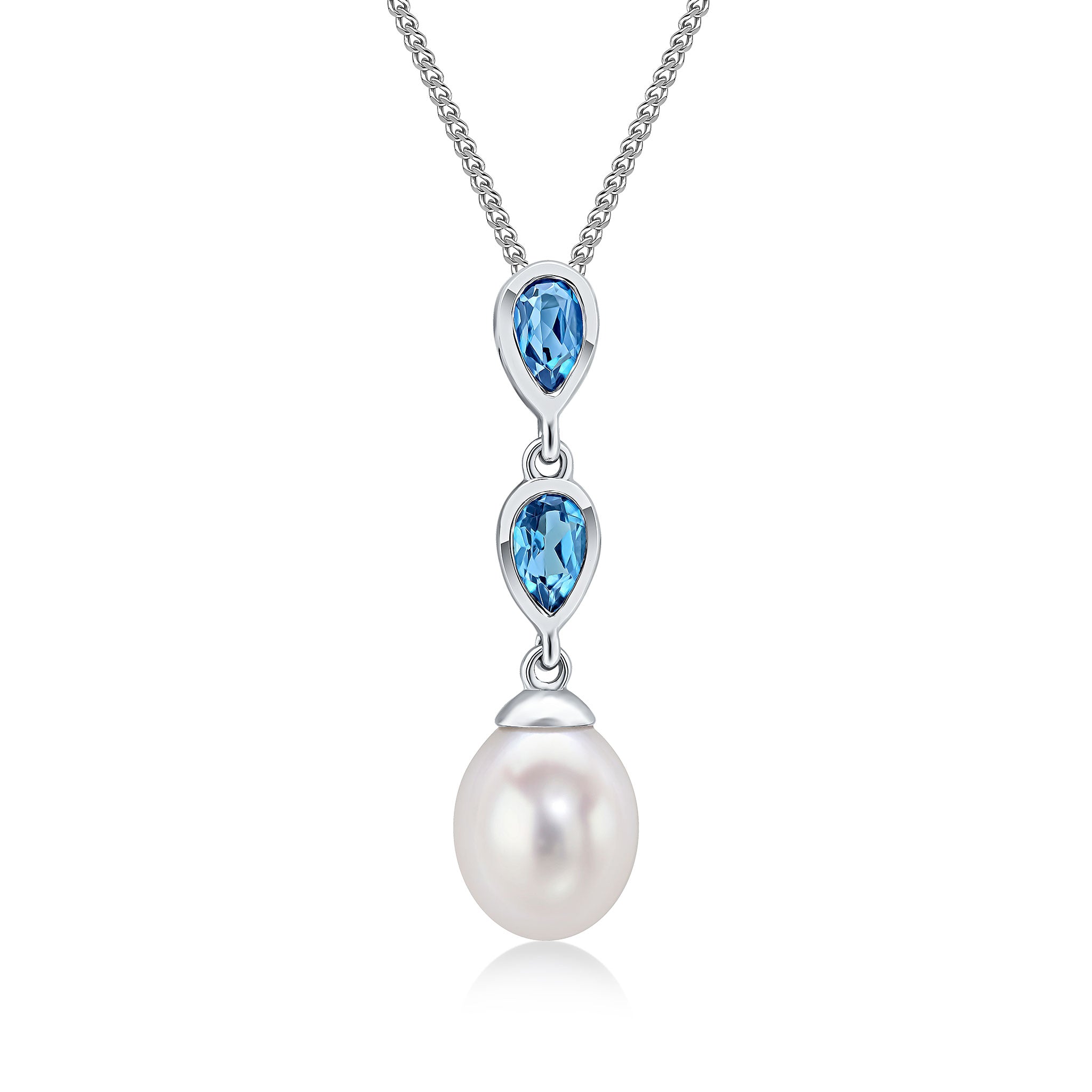 9ct white gold pearl & Double pear shape London Blue Topaz pendant