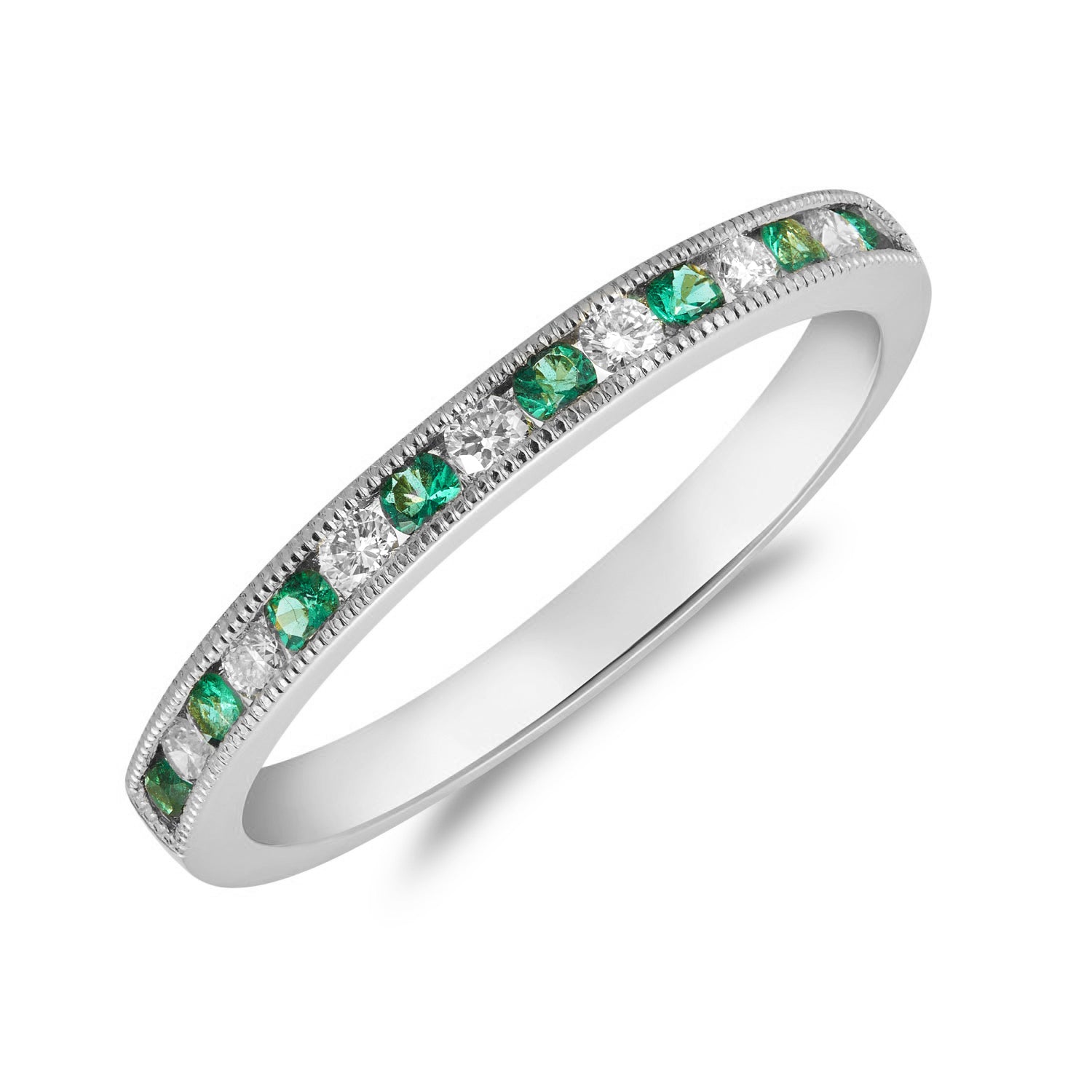 18ct White Gold Round Emerald and Round Diamond Milgrain 15 Stone Ring
