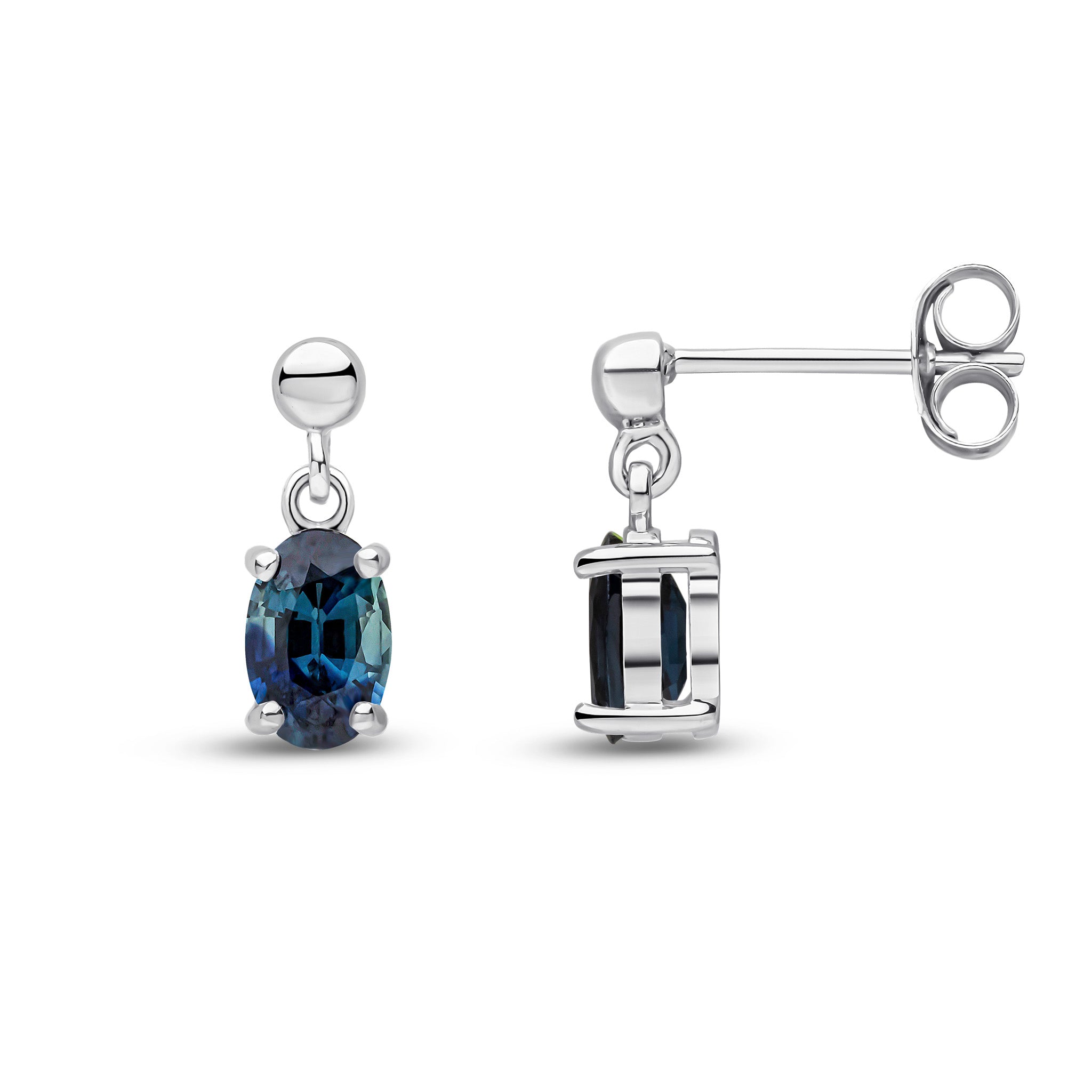 9ct White Gold 6x4 Oval Sapphire Claw Set Drop Earrings with Bead Top