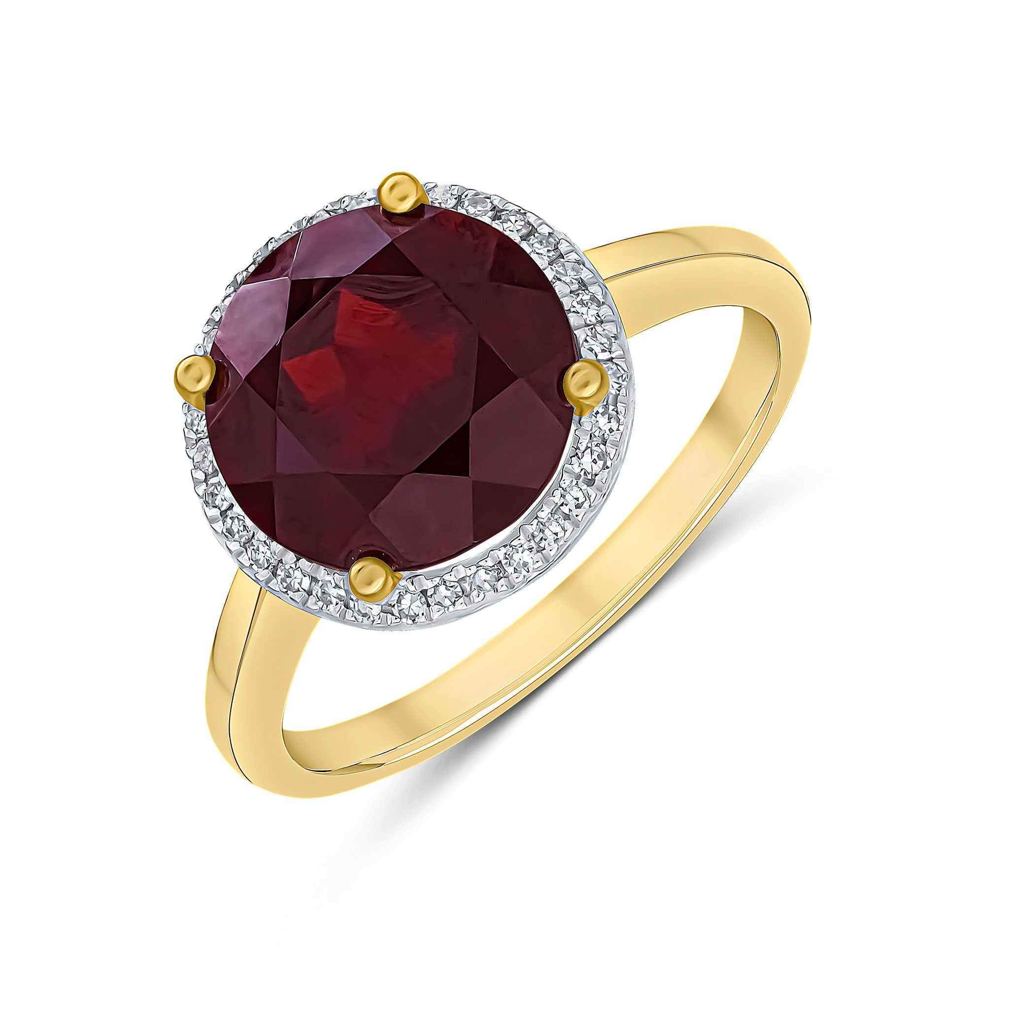 9ct Yellow Gold 10mm Round Garnet and Round Diamond Claw Cluster Ring