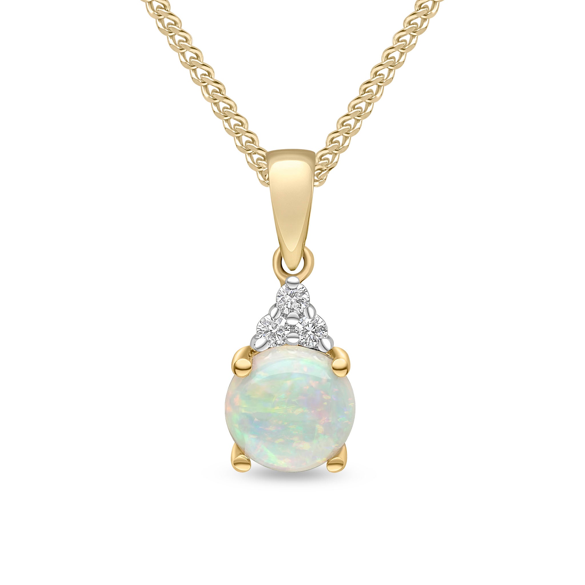 18ct Yellow Gold 6mm Round Opal & Diamond Trefoil Pendant Rhodium to Diamonds
