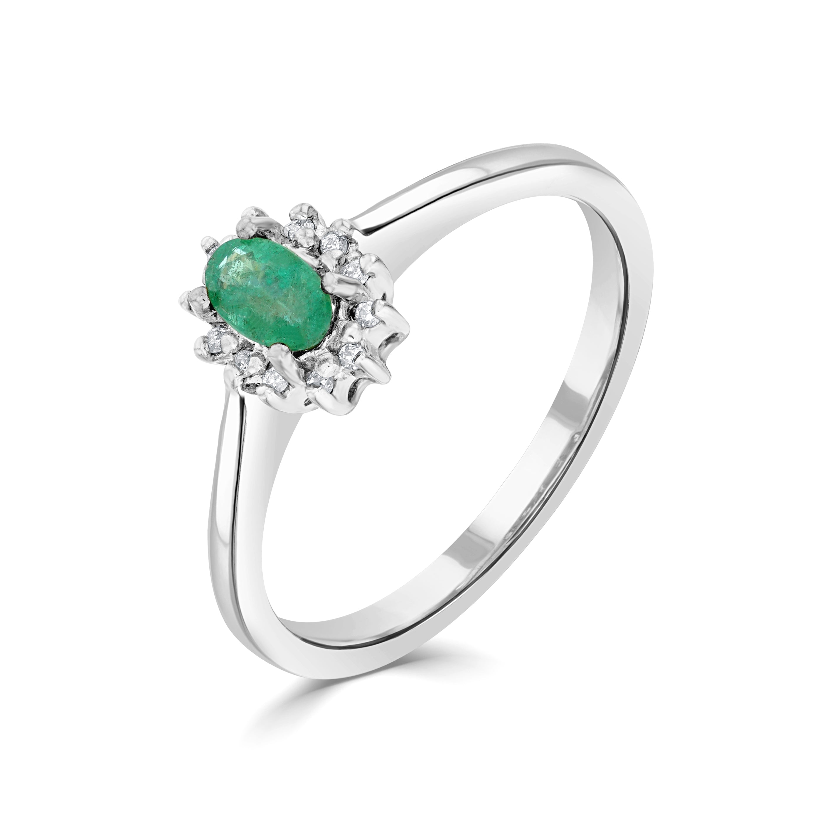 9ct White Gold 5x3 Oval Emerald & Diamond Claw Set Cluster Ring