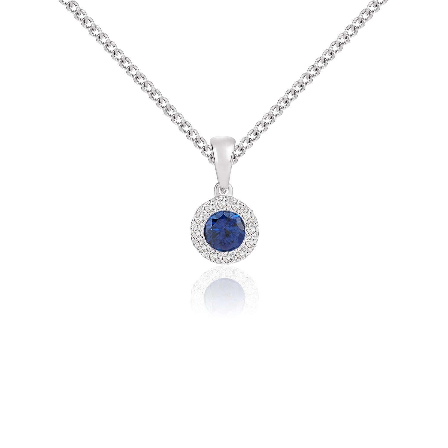 18ct White Gold 4mm Round Sapphire and Diamond Microset Cluster Pendant with Plain Loop