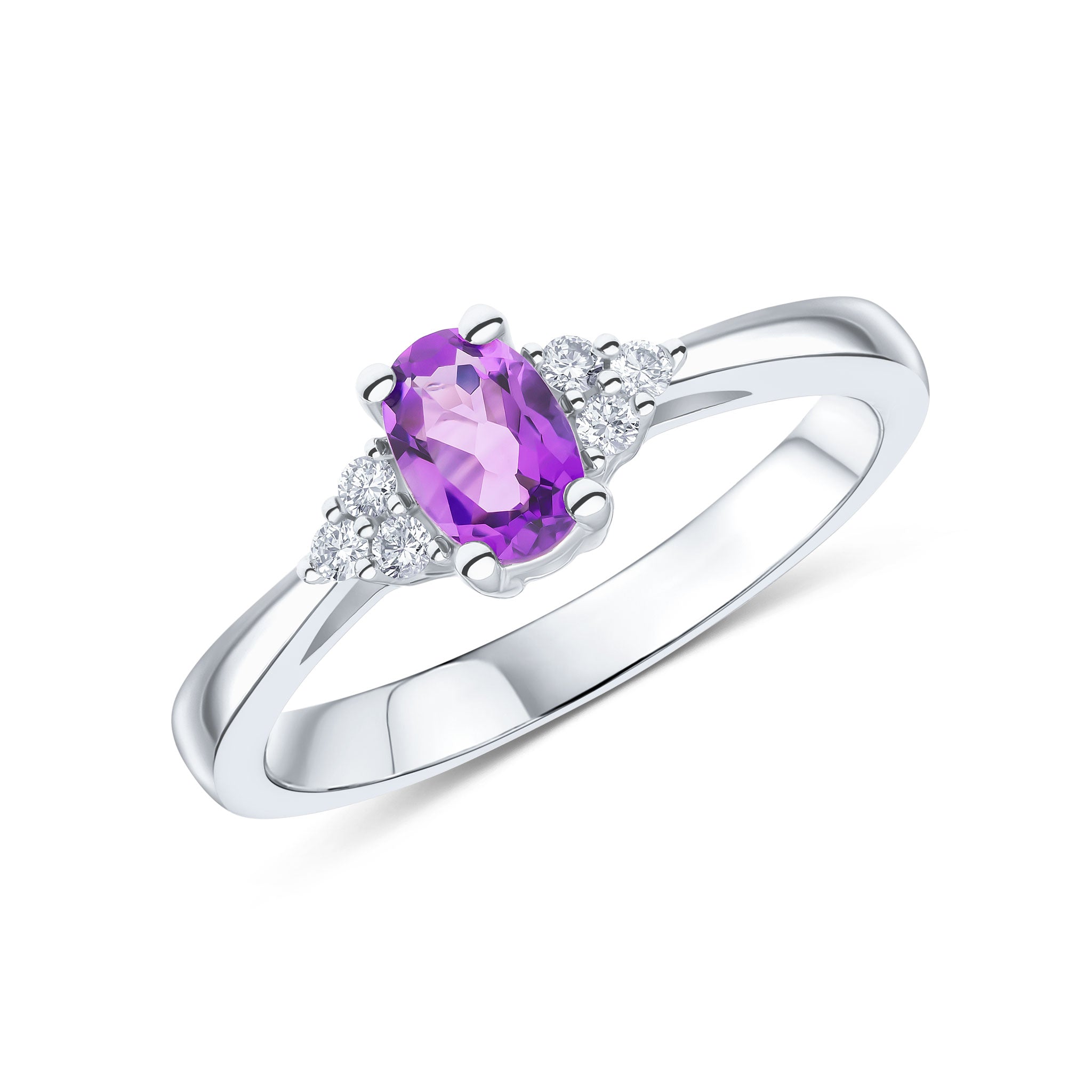9ct White Gold 6x4 Oval Amethyst and Round Diamond Trefoil Shoulders Ring