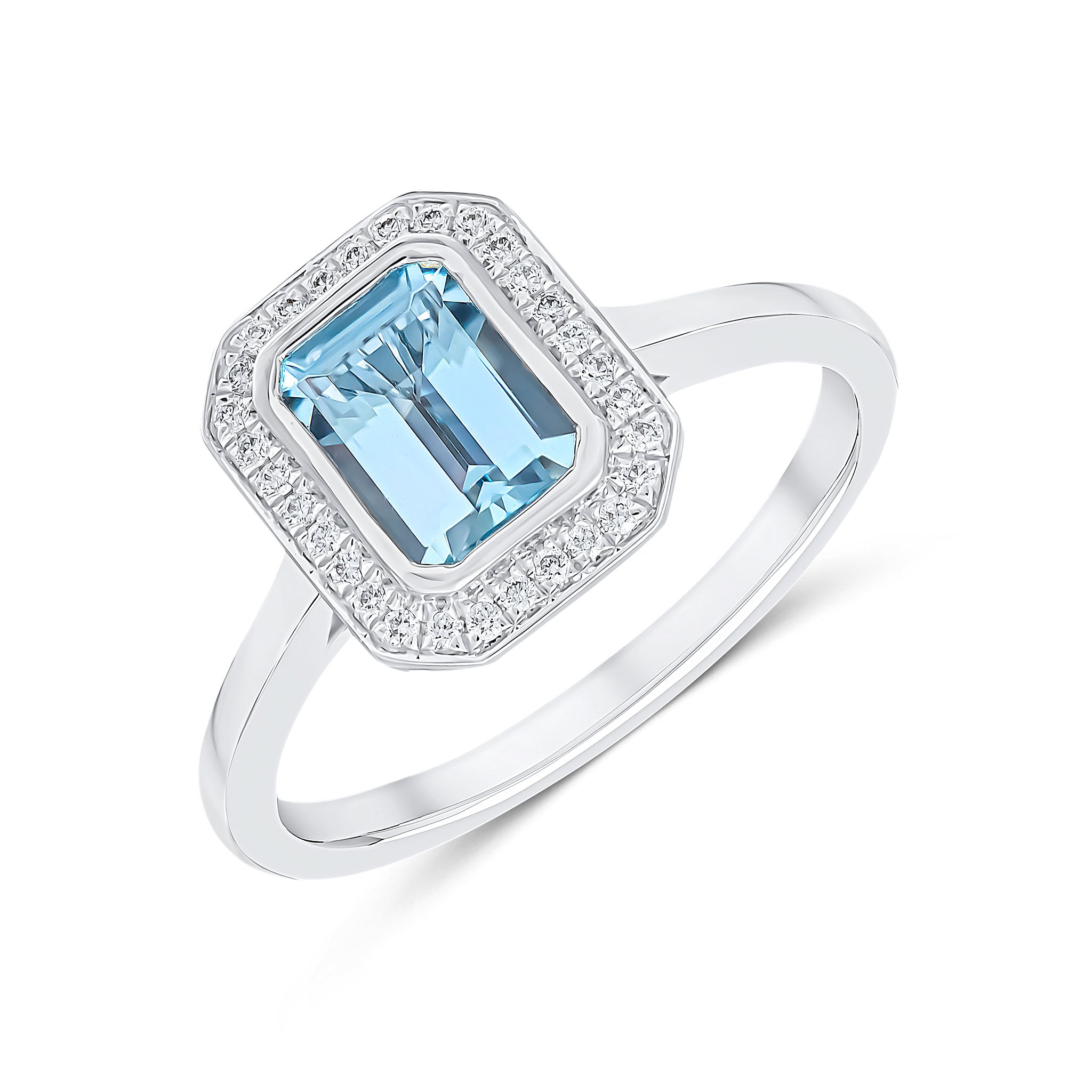 18ct White Gold Rubover Octagon Aquamarine and Grain Set Diamond Cluster Ring