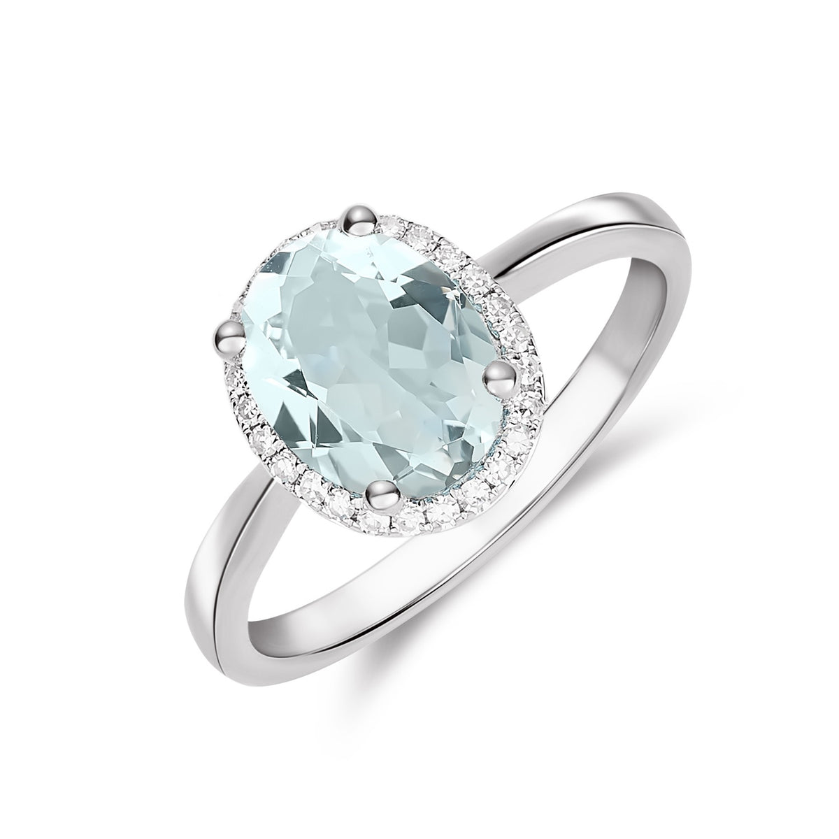 9ct White Gold 9x7 Oval Aquamarine & Diamond Claw Set Cluster Ring