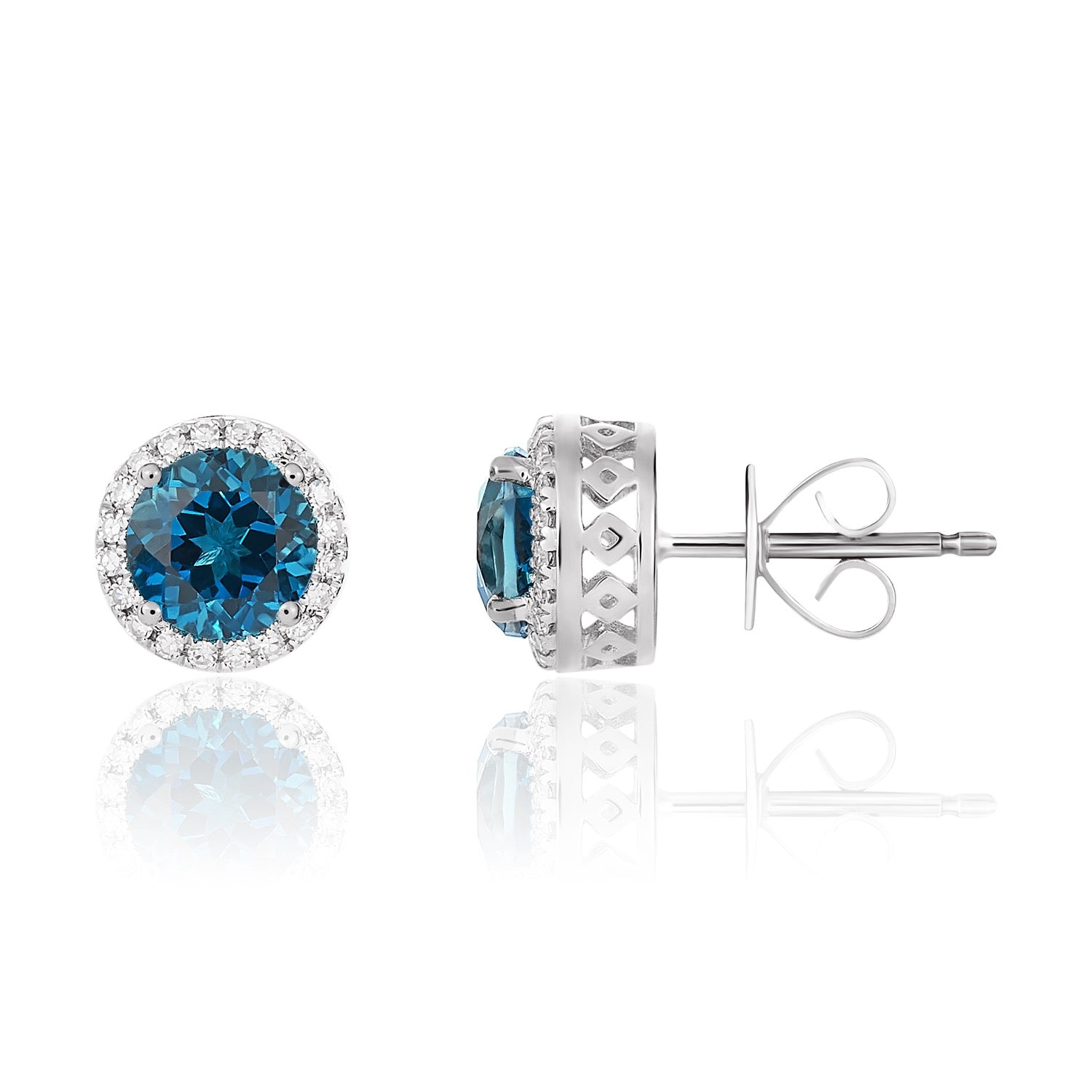 9ct White Gold 6mm Round London Blue Topaz and Diamond Claw Cluster Earrings