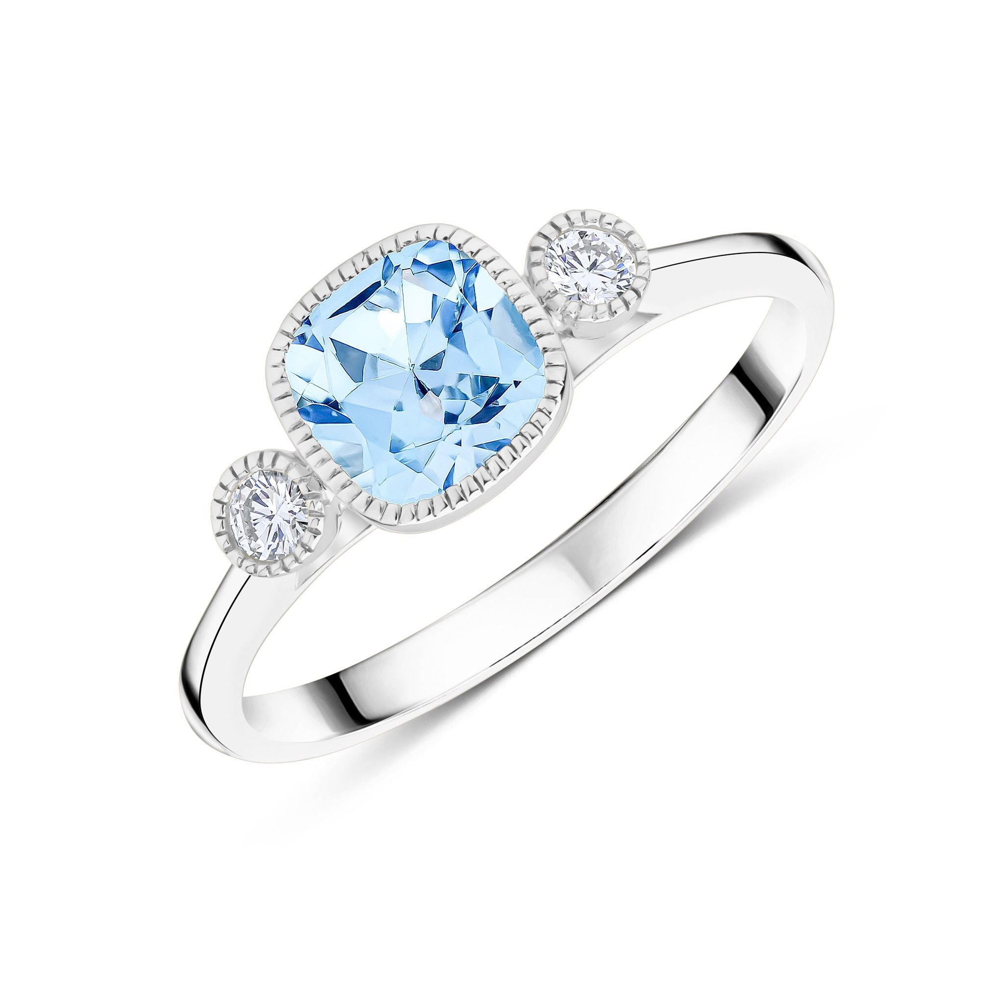 9ct White Gold 6mm Cushion Aquamarine & Round Diamond Milgrain Set 3 Stone Ring
