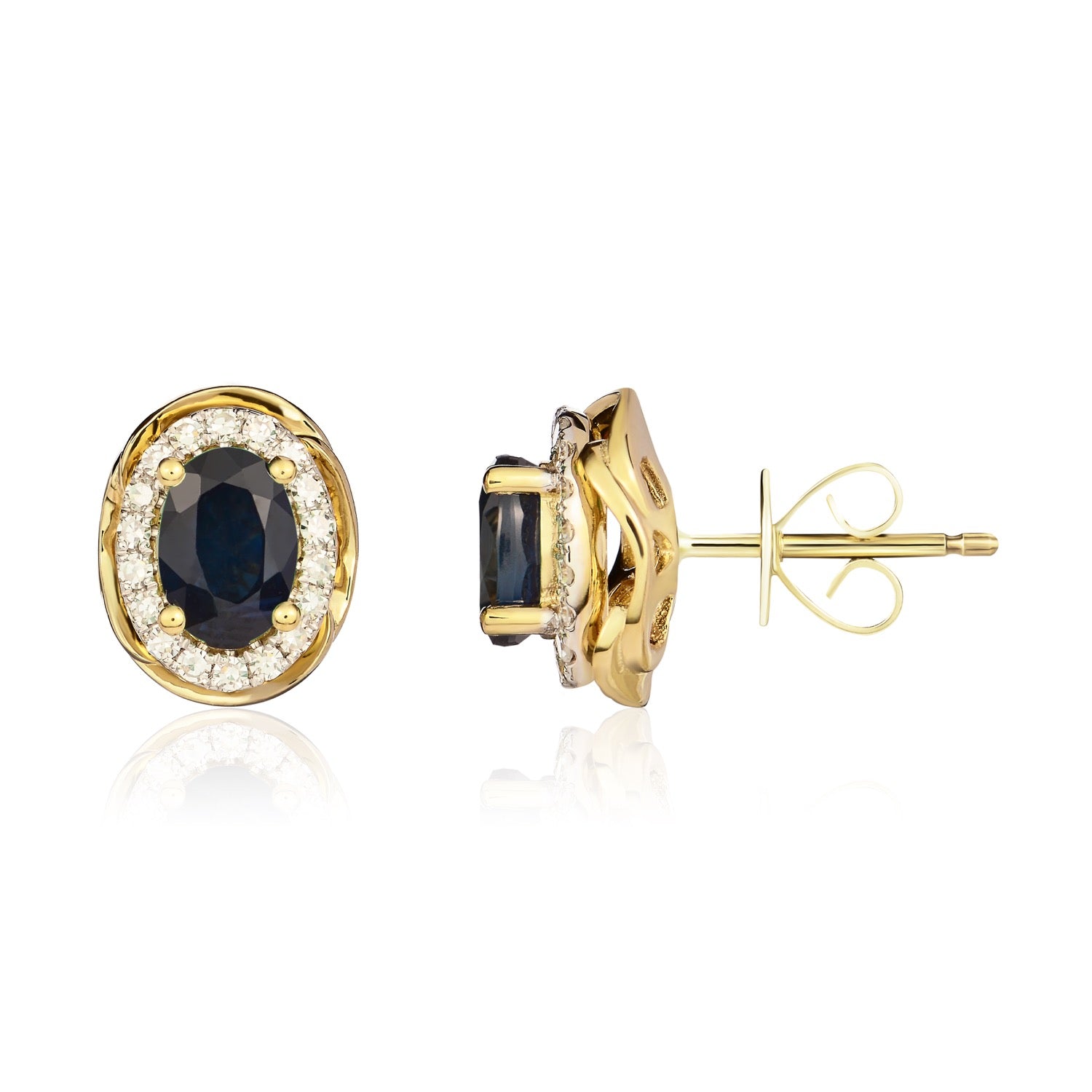 9ct yellow gold 7 x 5mm Oval Sapphire & Diamond Cluster Earrings With Rope Edge.