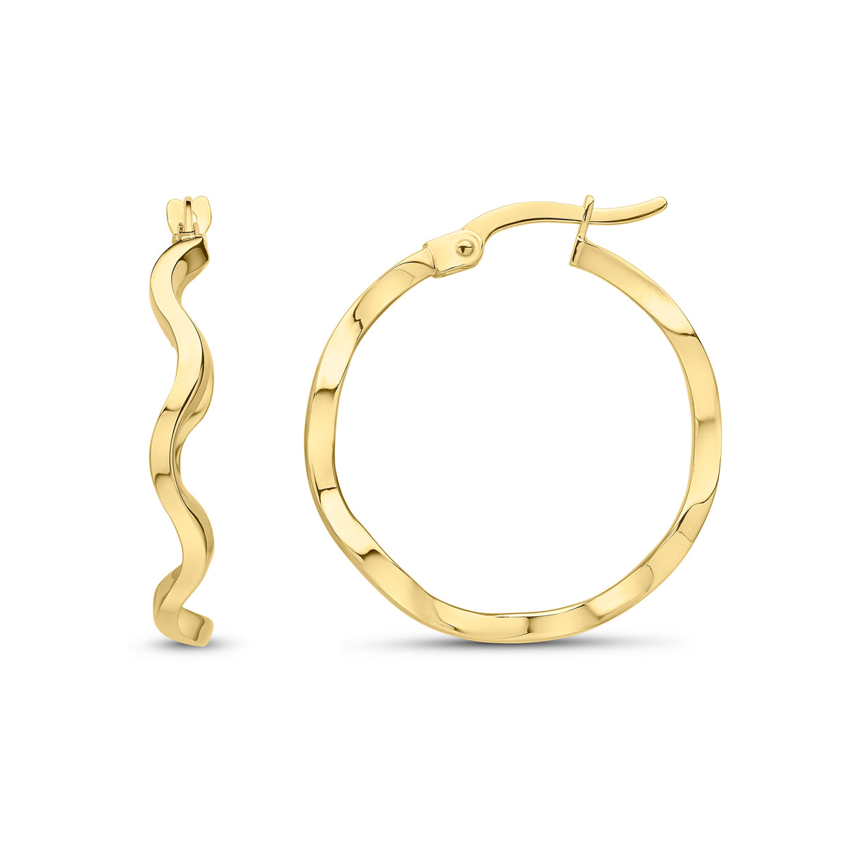 9ct Yellow Gold Round Polished Wavy Hoop Earrings 23mm Diameter