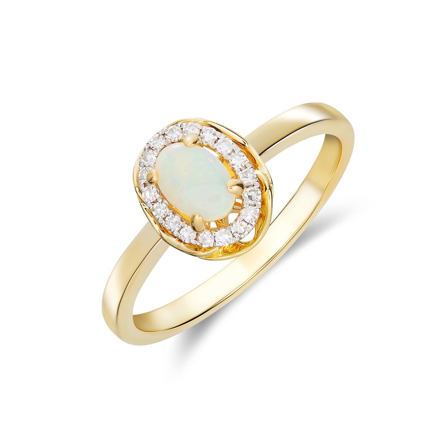 9CT YG 6X4 OVAL OPAL & DIAMOND CLUSTER RING WITH ROPE EDGE 1