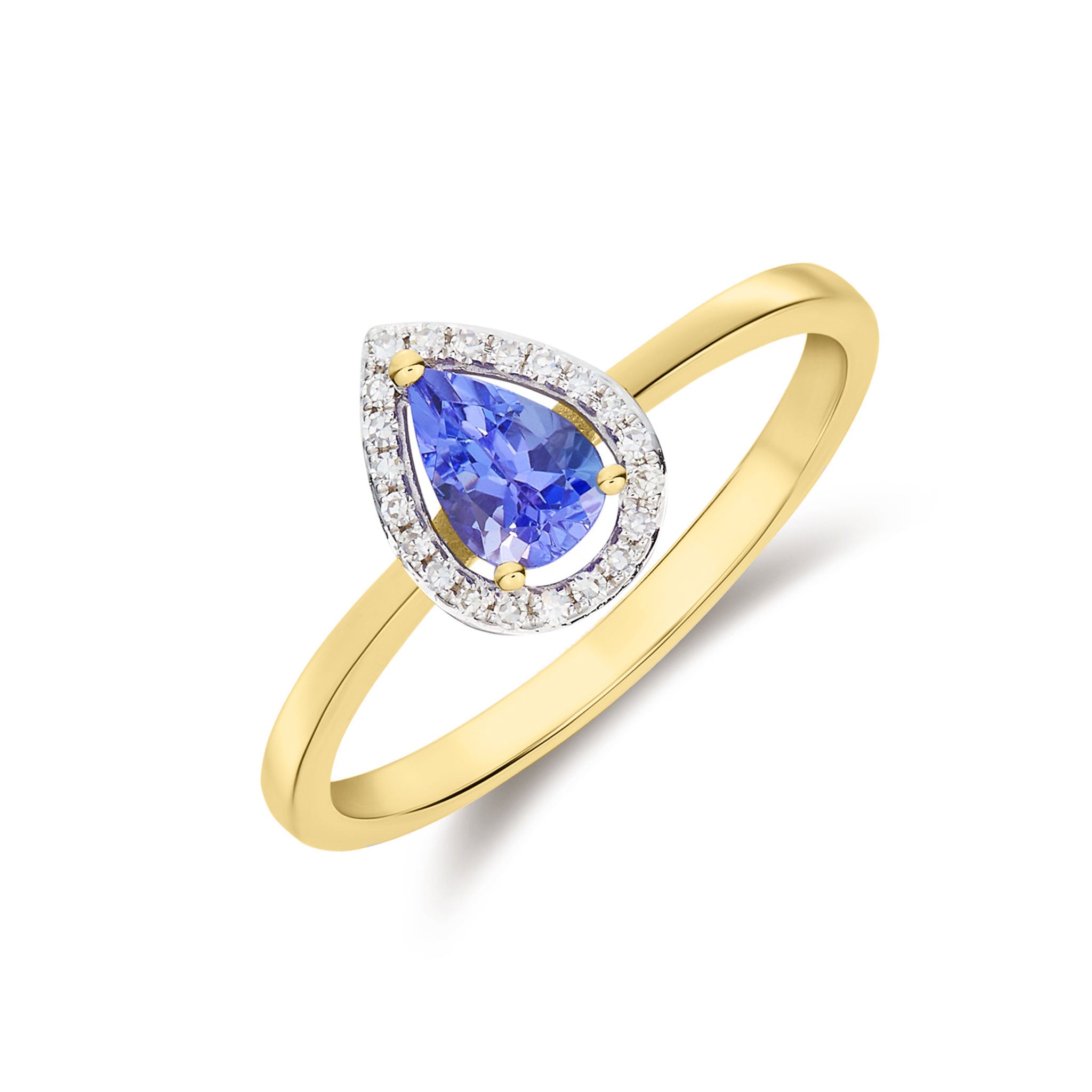 9ct Yellow Gold 6x4 Pear Shape Tanzanite & Diamond Halo Claw Cluster Ring Rhodium to Diamonds